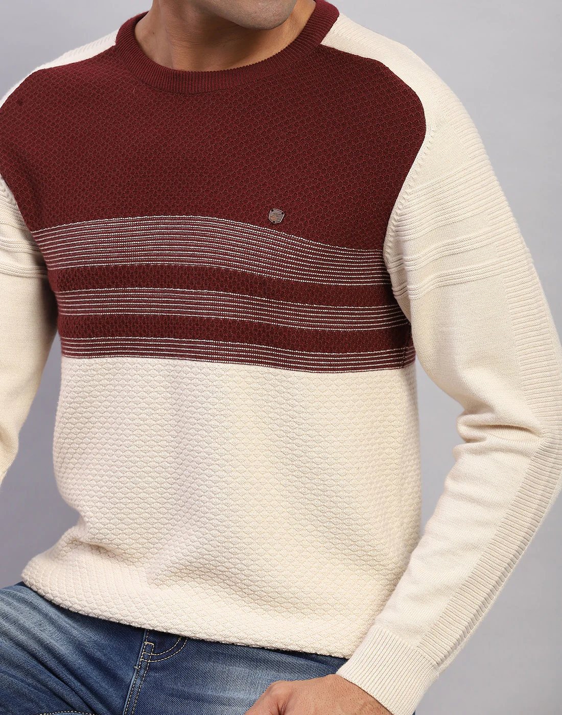 Men Off White Self Design Round Neck Full Sleeve Pullover - Image 6