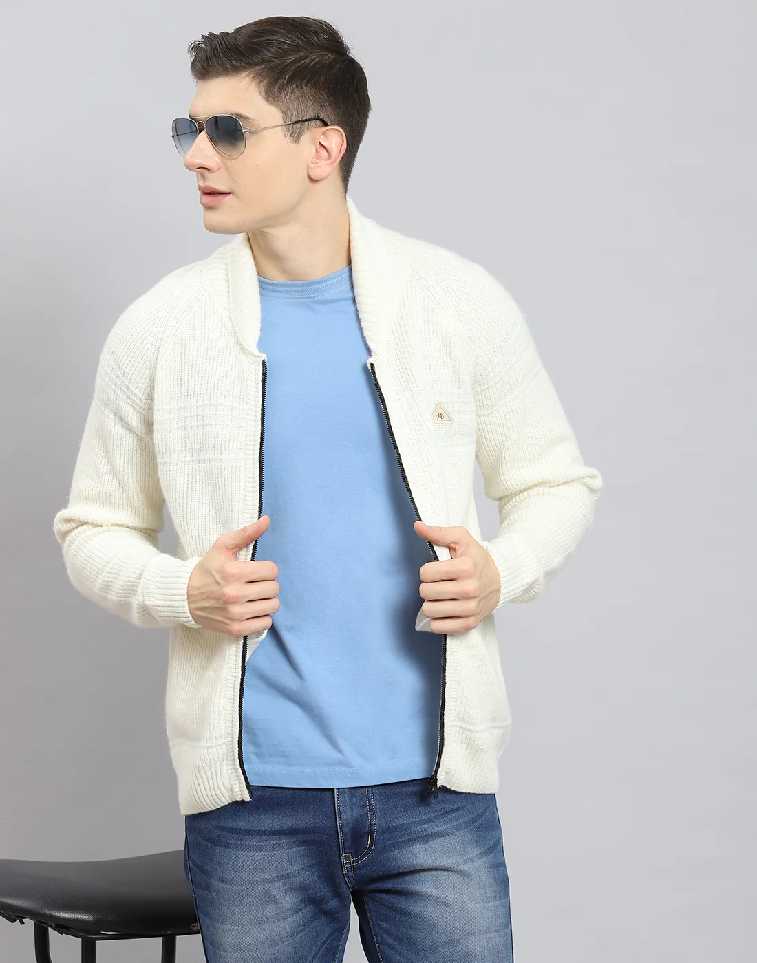 Men Off White Self Design Stand Collar Full Sleeve Sweater - Image 2