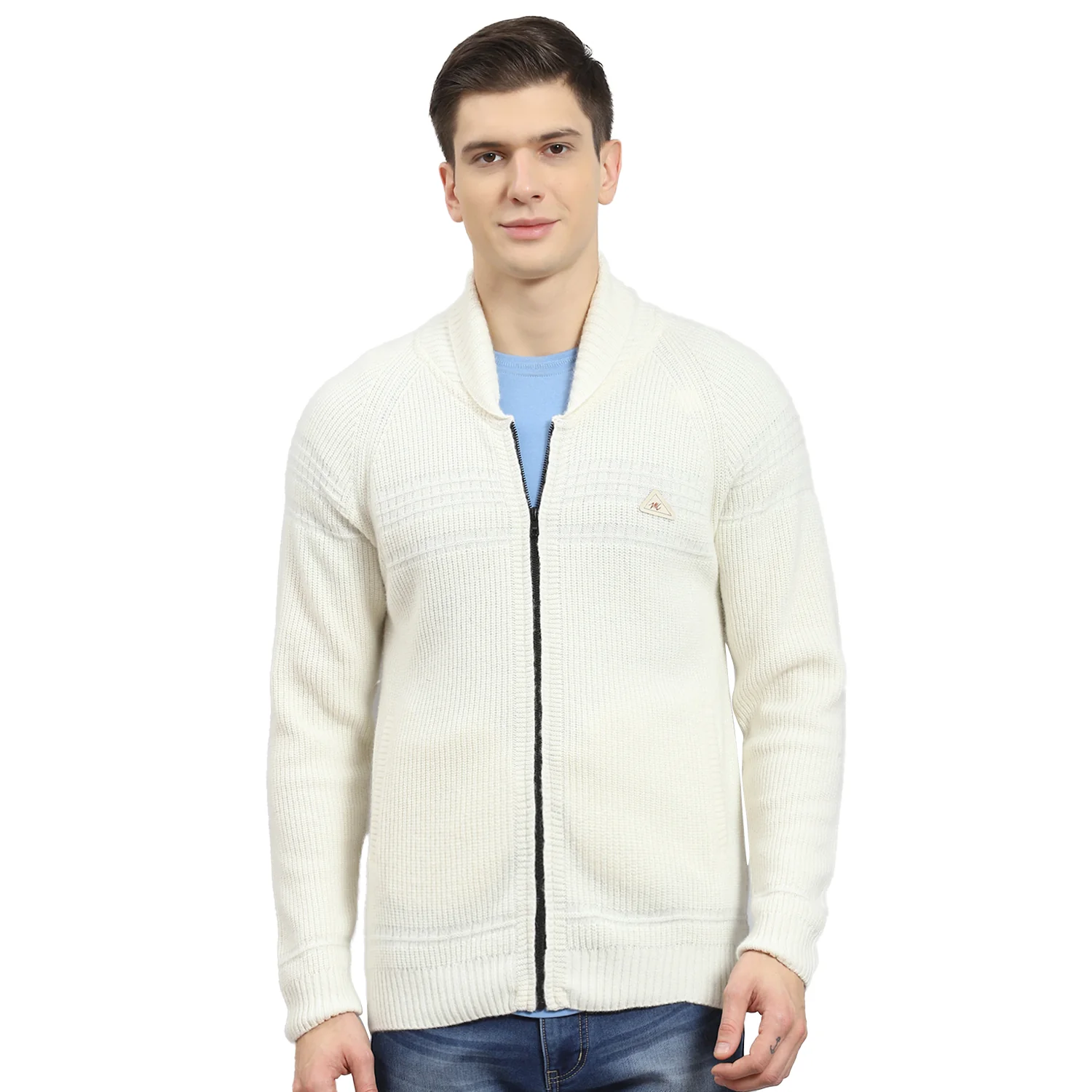 Men Off White Self Design Stand Collar Full Sleeve Sweater - Image 5