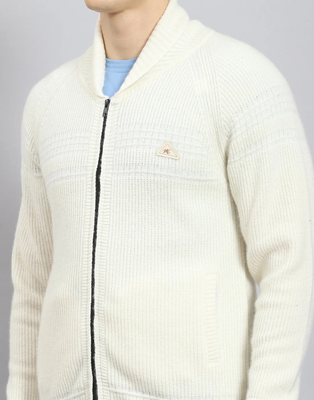 Men Off White Self Design Stand Collar Full Sleeve Sweater - Image 8