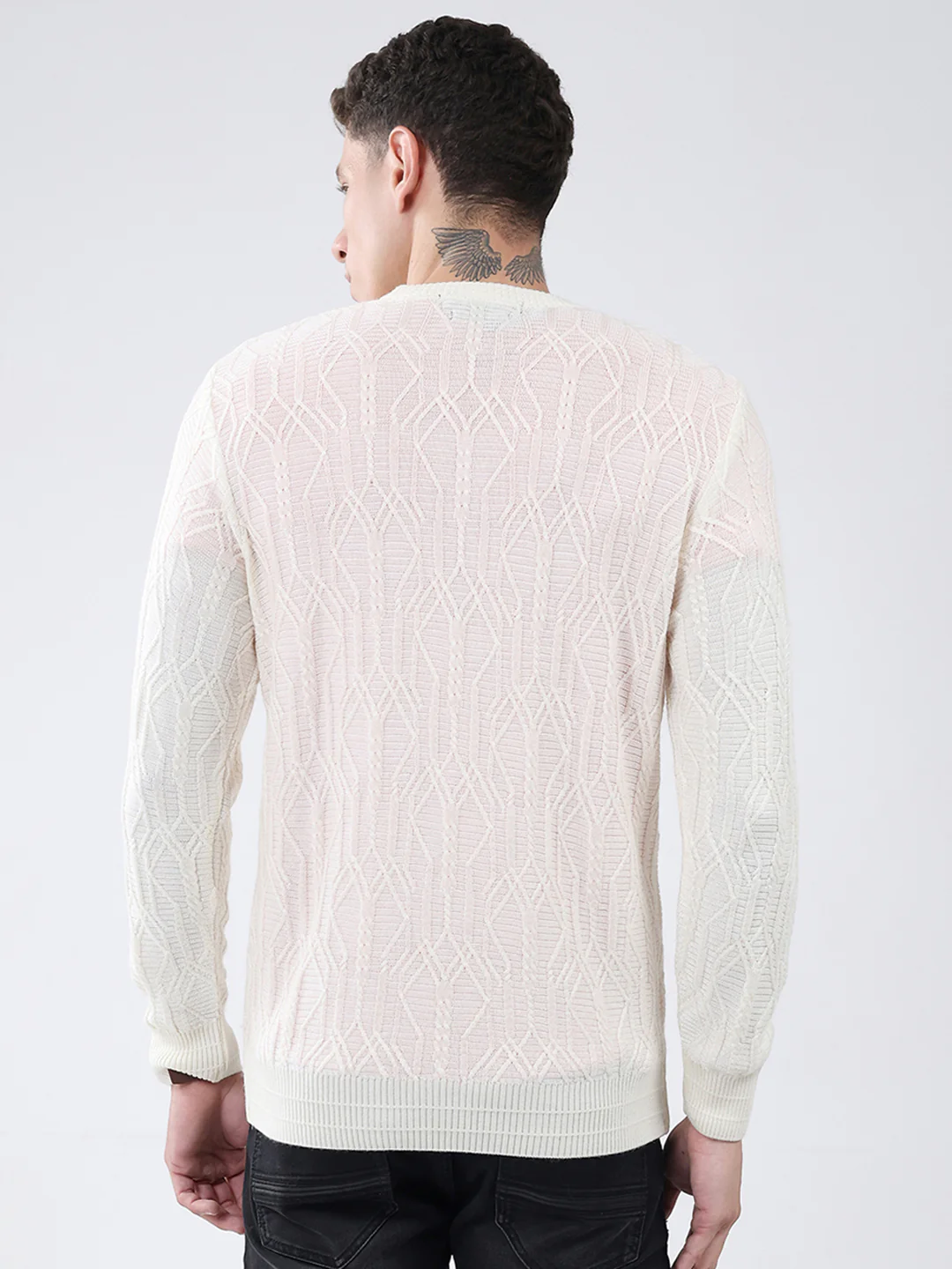 Men Off White Self Design V Neck Full Sleeve Pullover - Image 5