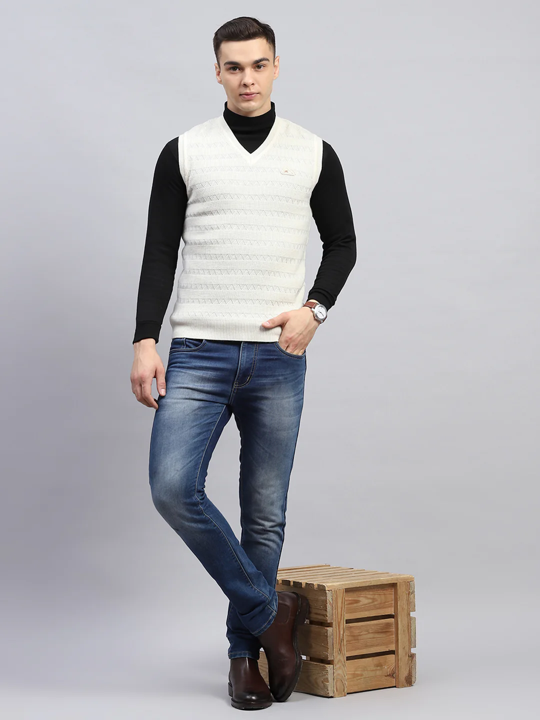 Men Off White Self Design V Neck Sleeveless Sweater - Image 2