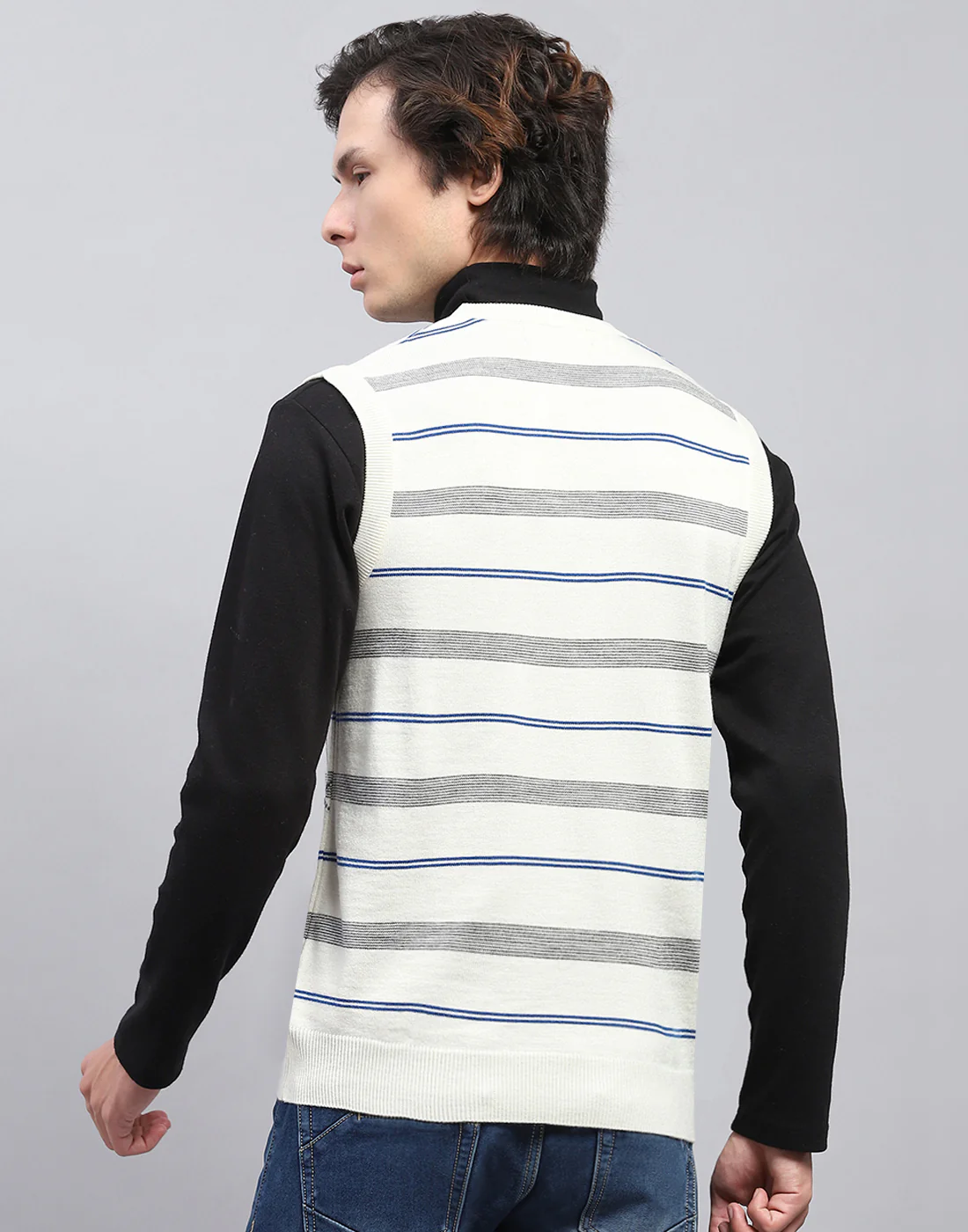 Men Off White Self Design V Neck Sleeveless Sweater - Image 5