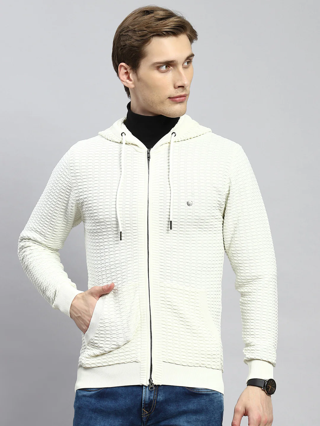 Men Off White Self Pullover - Image 2