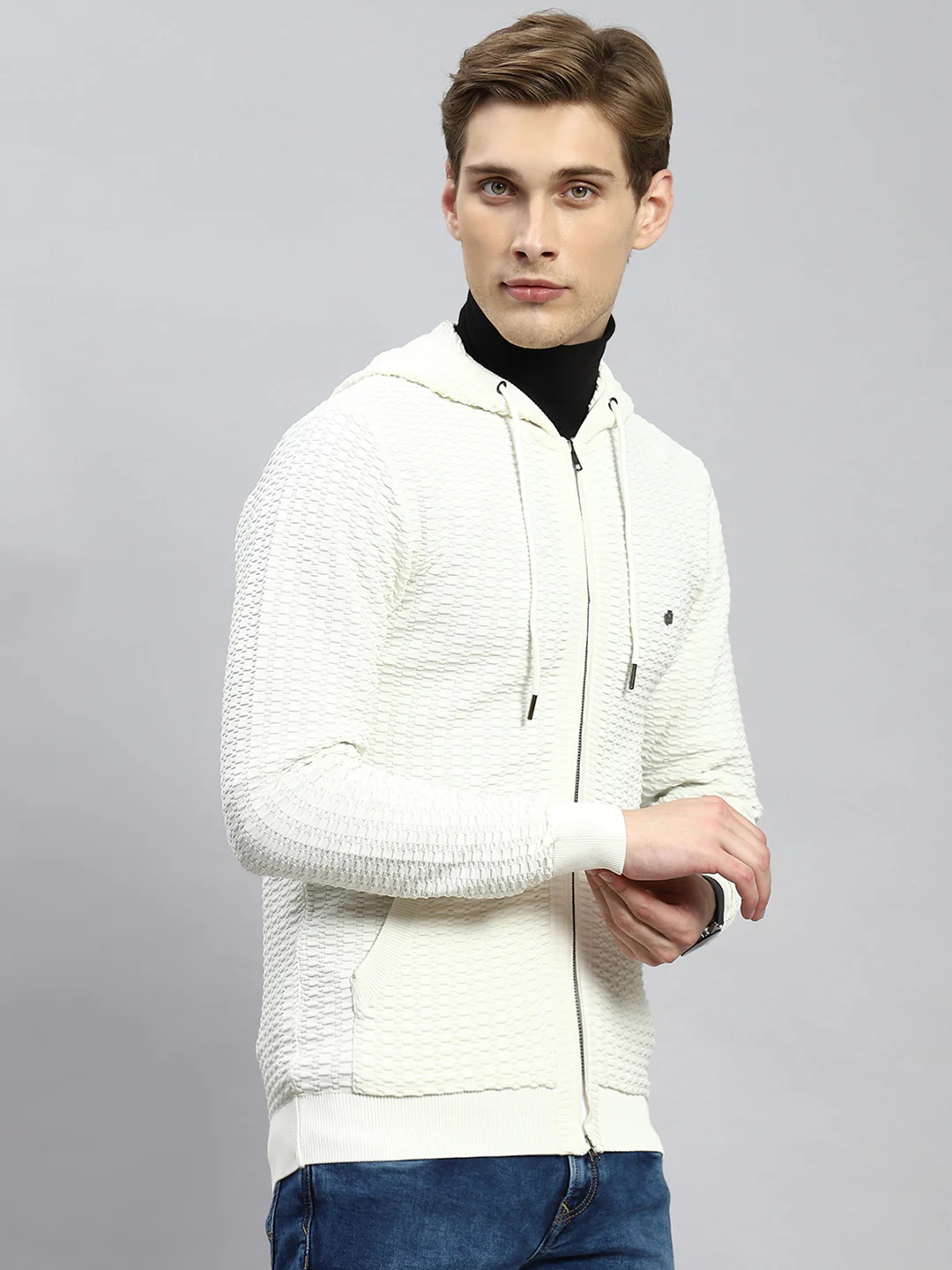 Men Off White Self Pullover - Image 3