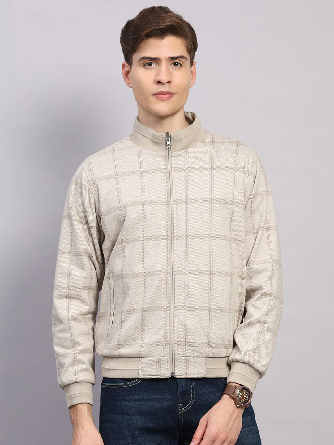 Men Off White Solid Collar Full Sleeve Jacket - Image 7