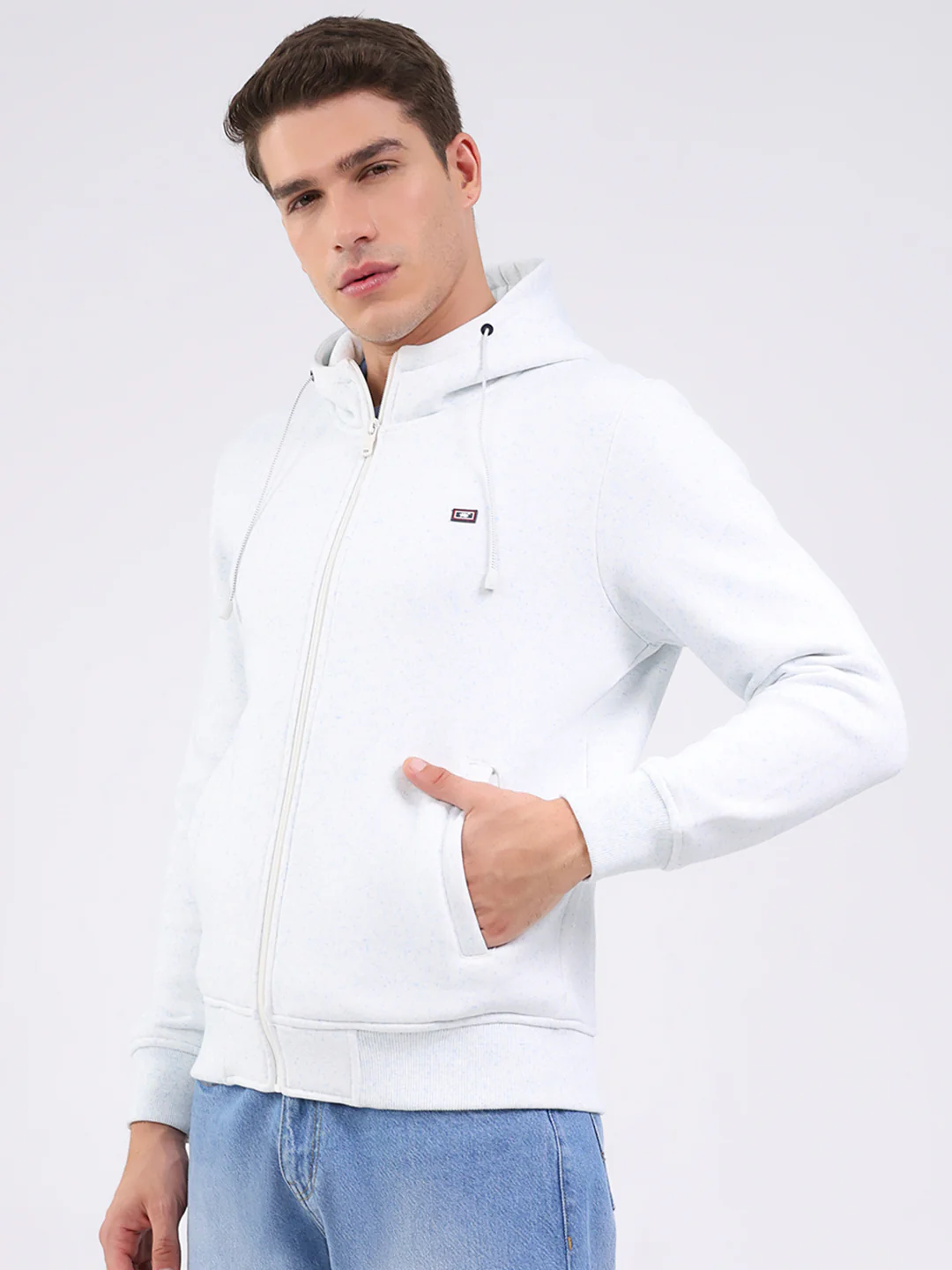 Men Off White Solid Hooded Full Sleeve Sweatshirt - Image 3