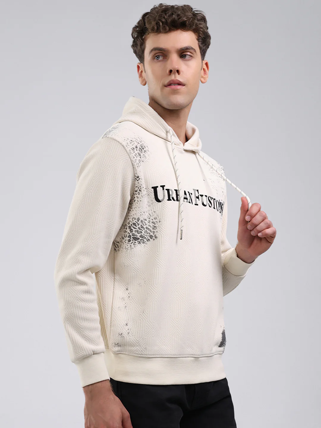 Men Off White Solid Hooded Full Sleeve Sweatshirt - Image 4