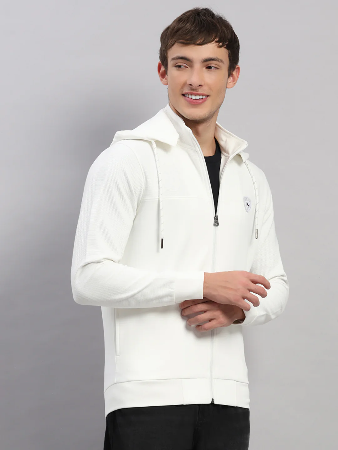 Men Off White Solid Hooded Full Sleeve Sweatshirt - Image 4