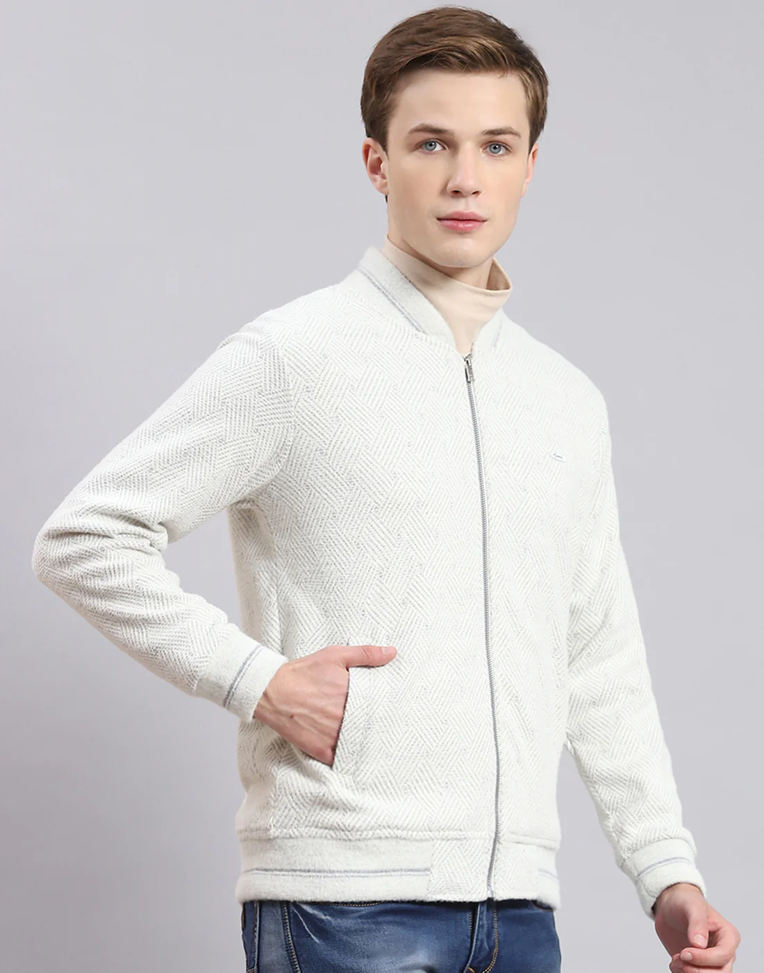 Men Off White Solid Mandarin Collar Full Sleeve Sweatshirt - Image 4