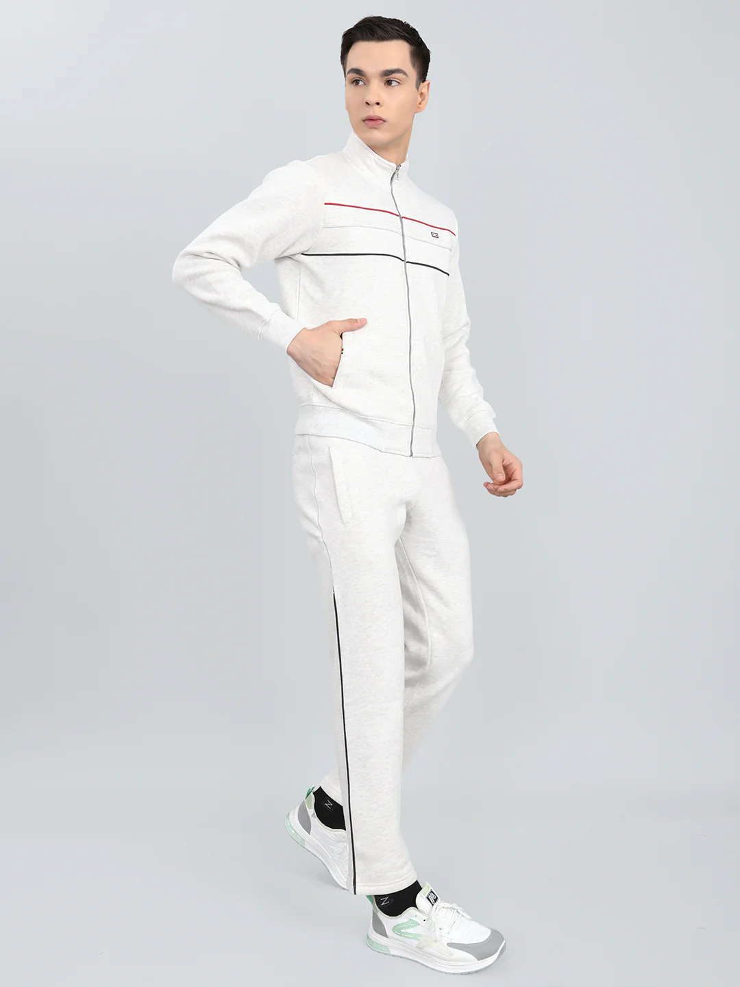 Men Off White Solid Mandarin Collar Full Sleeve Winter Tracksuit - Image 3