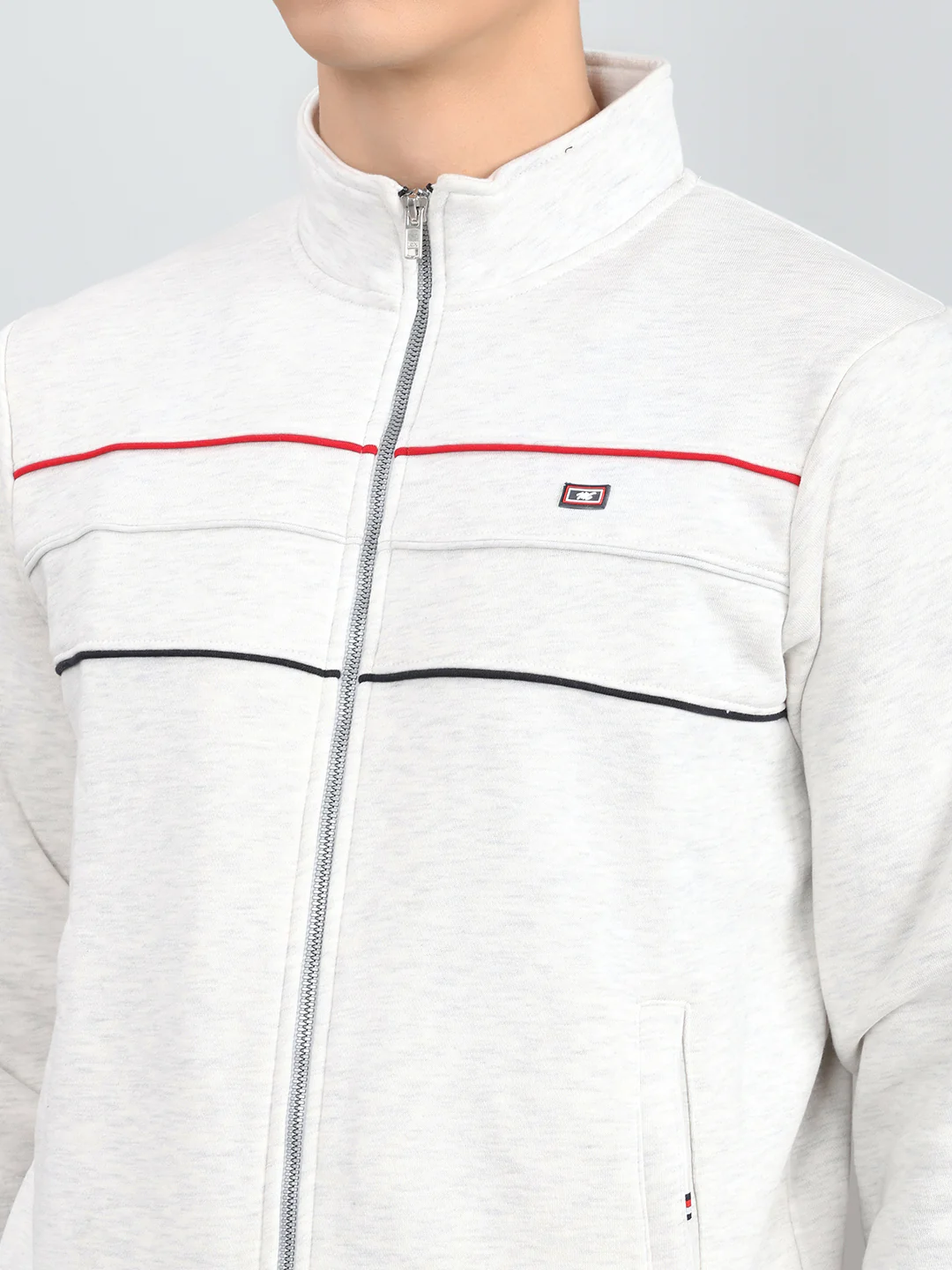 Men Off White Solid Mandarin Collar Full Sleeve Winter Tracksuit - Image 5