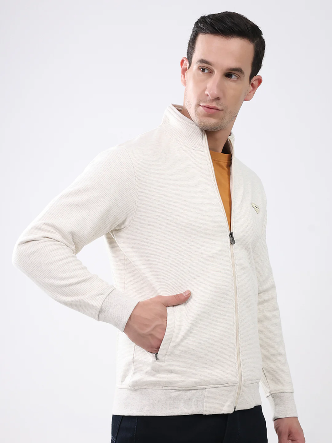 Men Off White Solid Mock Neck Full Sleeve Sweatshirt - Image 4