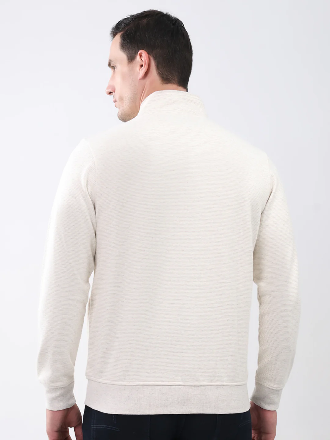Men Off White Solid Mock Neck Full Sleeve Sweatshirt - Image 5
