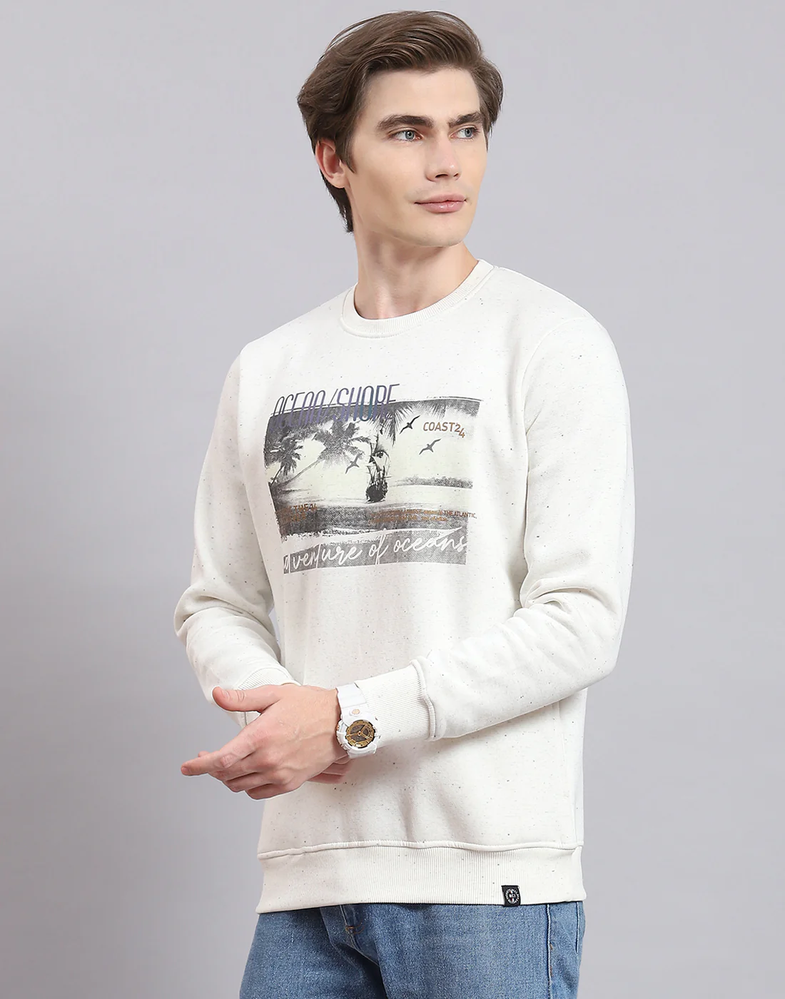 Men Off White Solid Round Neck Full Sleeve Sweatshirt - Image 3