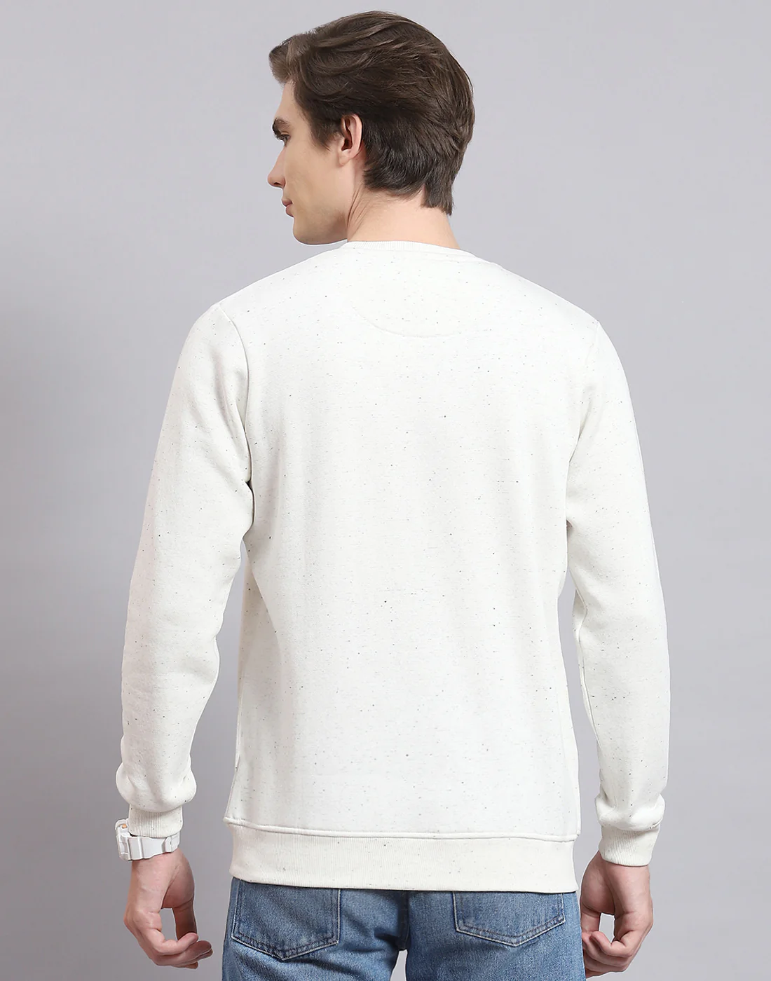Men Off White Solid Round Neck Full Sleeve Sweatshirt - Image 6