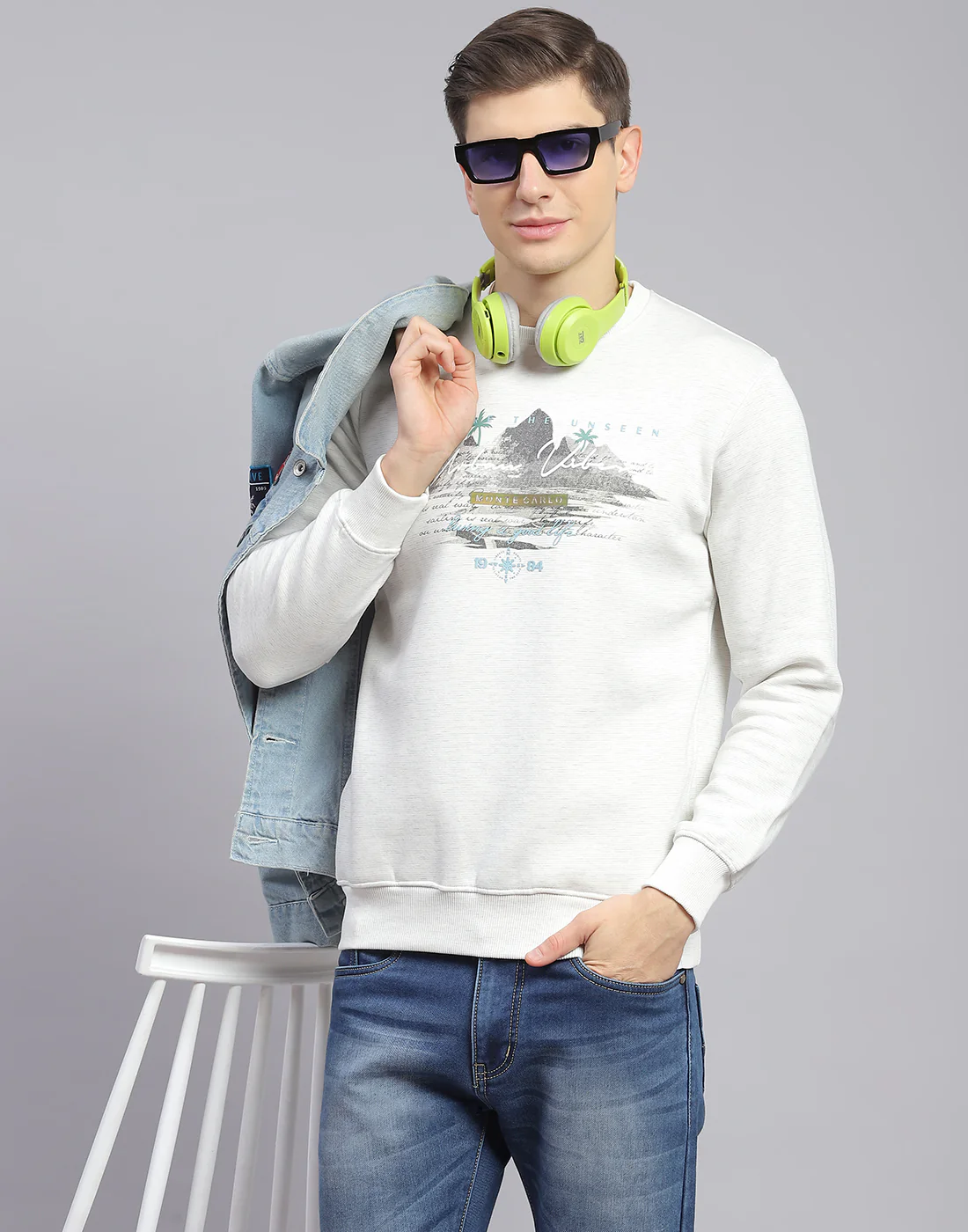 Men Off White Solid Round Neck Full Sleeve Sweatshirt - Image 2