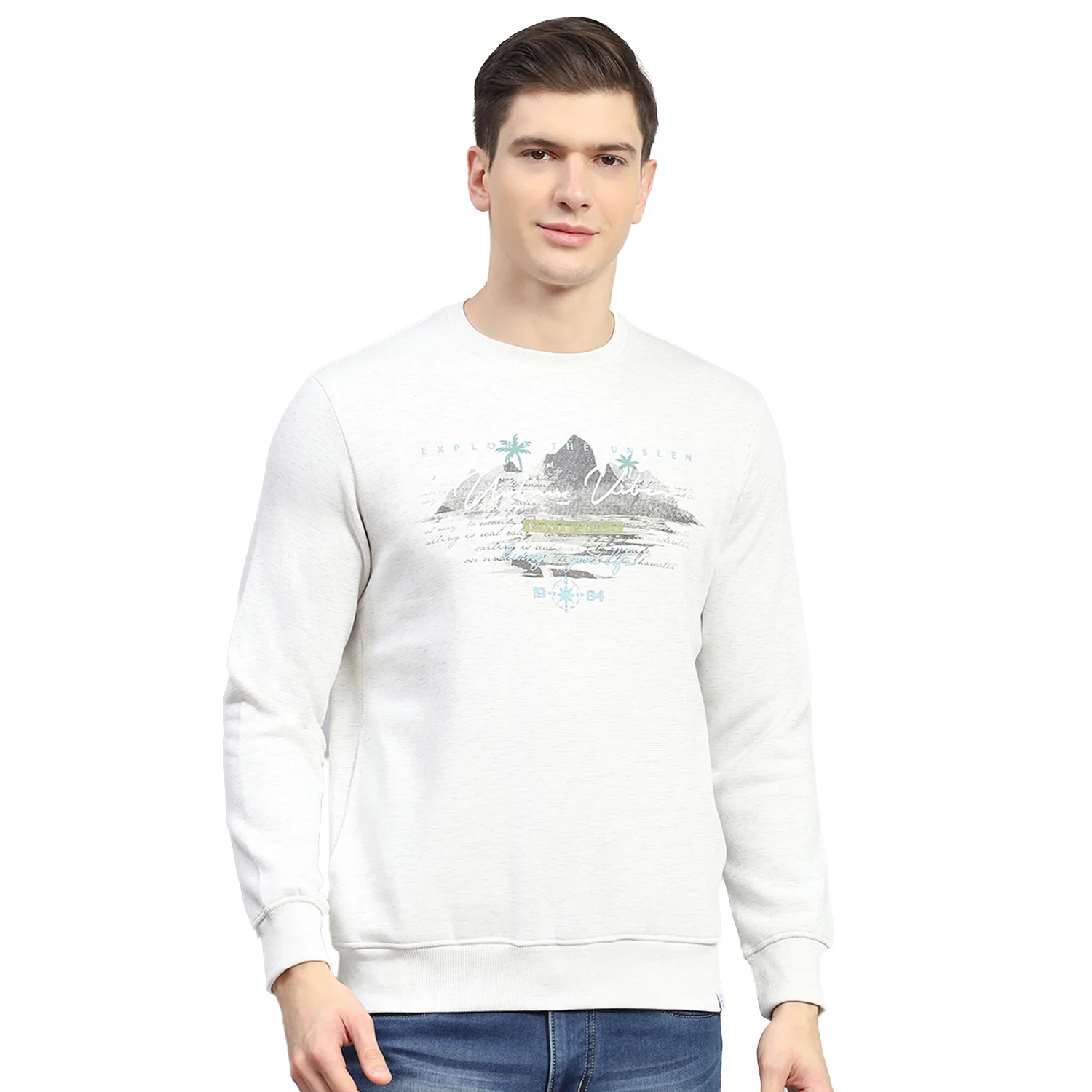 Men Off White Solid Round Neck Full Sleeve Sweatshirt - Image 5