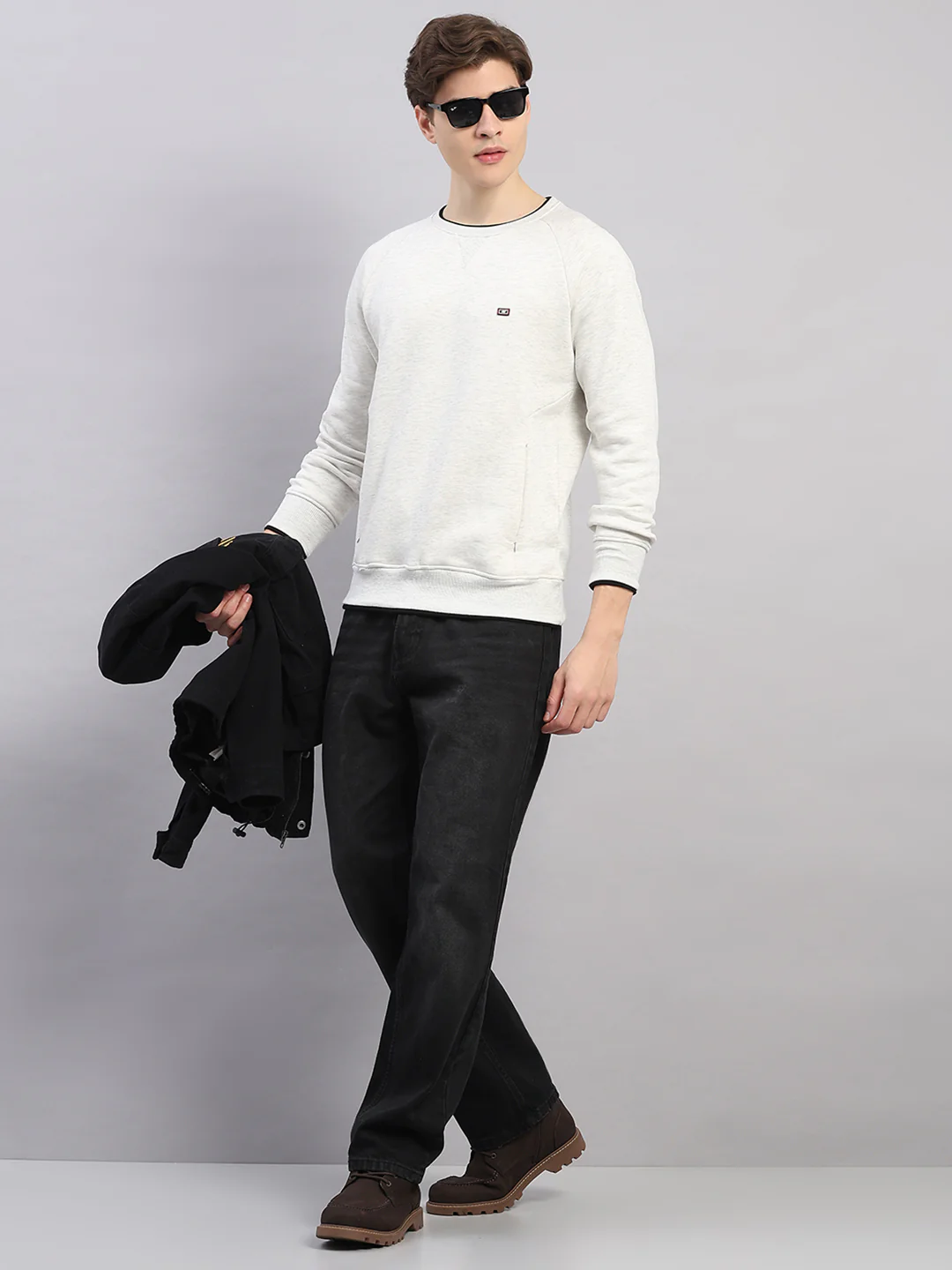 Men Off White Solid Round Neck Full Sleeve Sweatshirt - Image 2