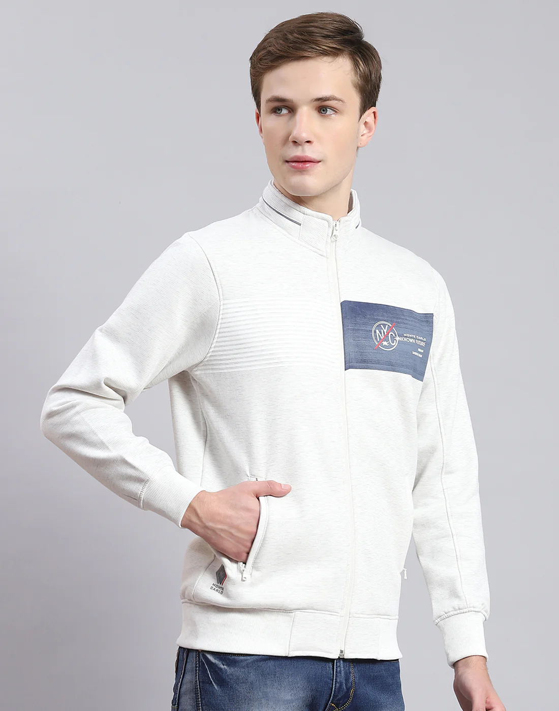 Men Off White Solid Stand Collar Full Sleeve Sweatshirt - Image 4