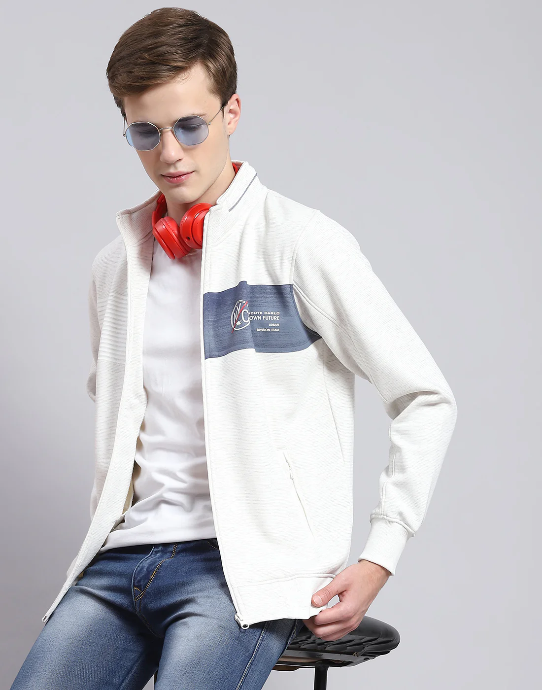 Men Off White Solid Stand Collar Full Sleeve Sweatshirt - Image 6