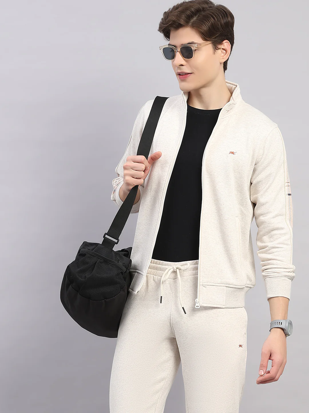 Men Off White Solid Stand Collar Full Sleeve Winter Tracksuit - Image 6
