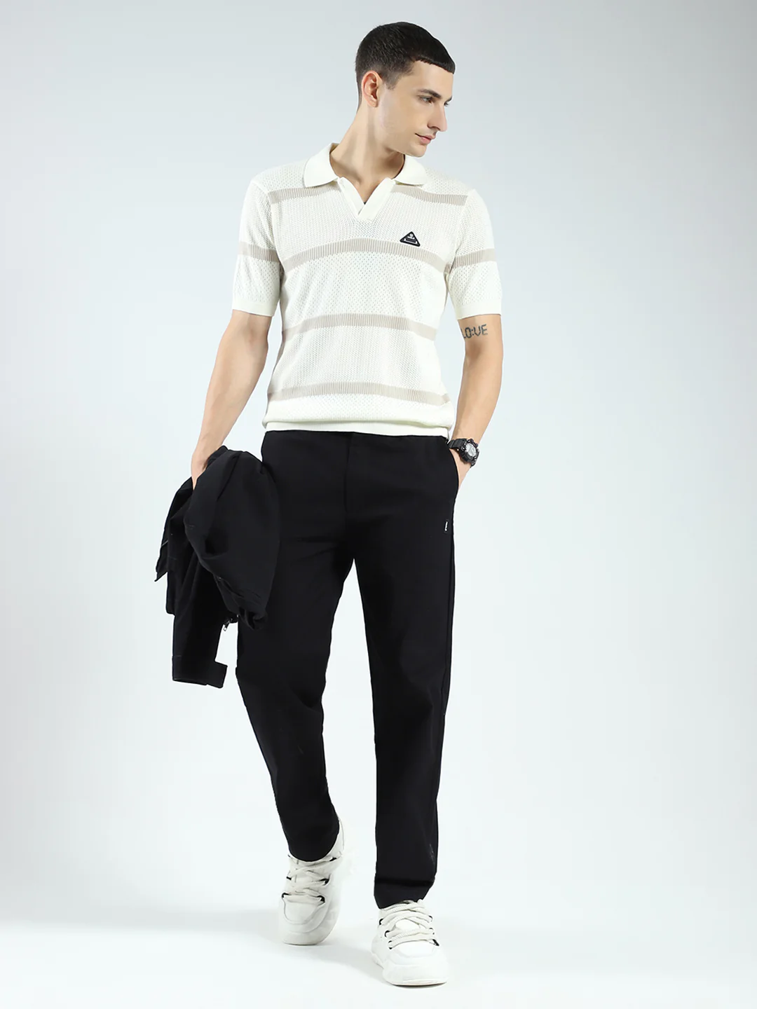 Rock.it Men Off White Stripe Collar Half Sleeve T-Shirt - Image 2