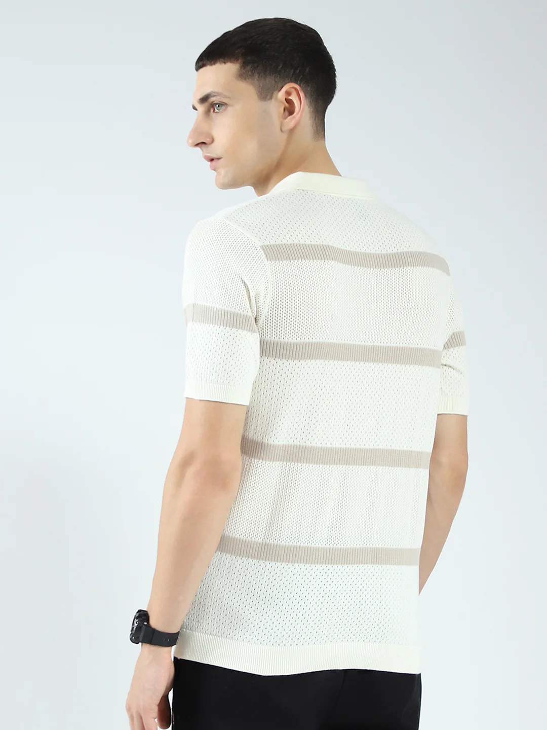 Rock.it Men Off White Stripe Collar Half Sleeve T-Shirt - Image 5