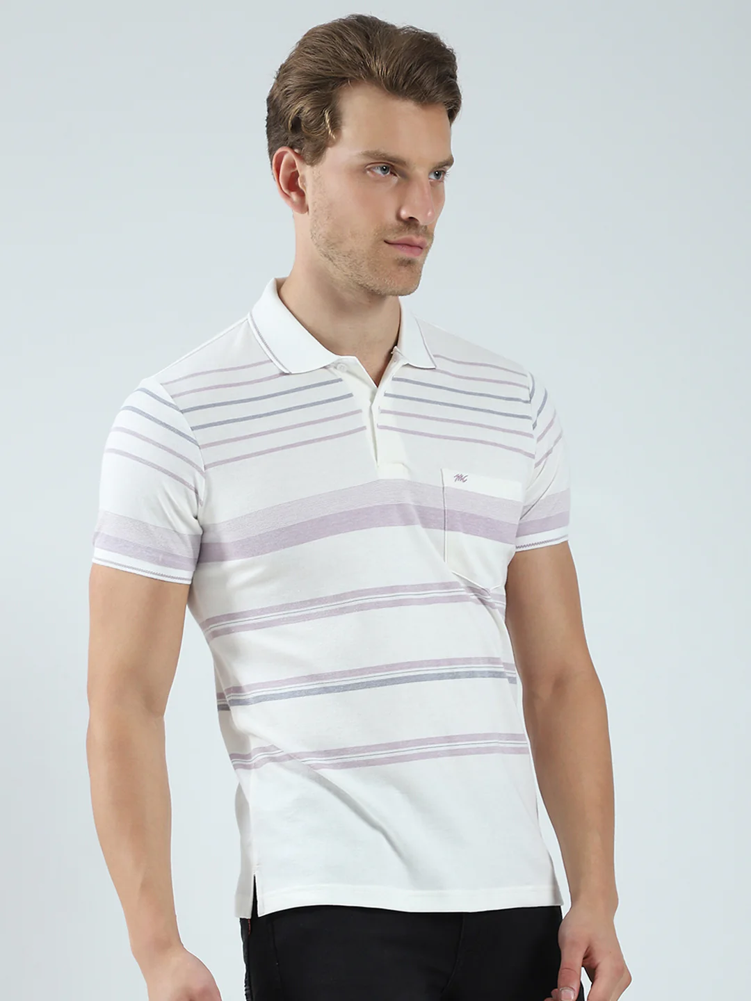 Men Off White Stripe Collar Half Sleeve T-Shirt - Image 4