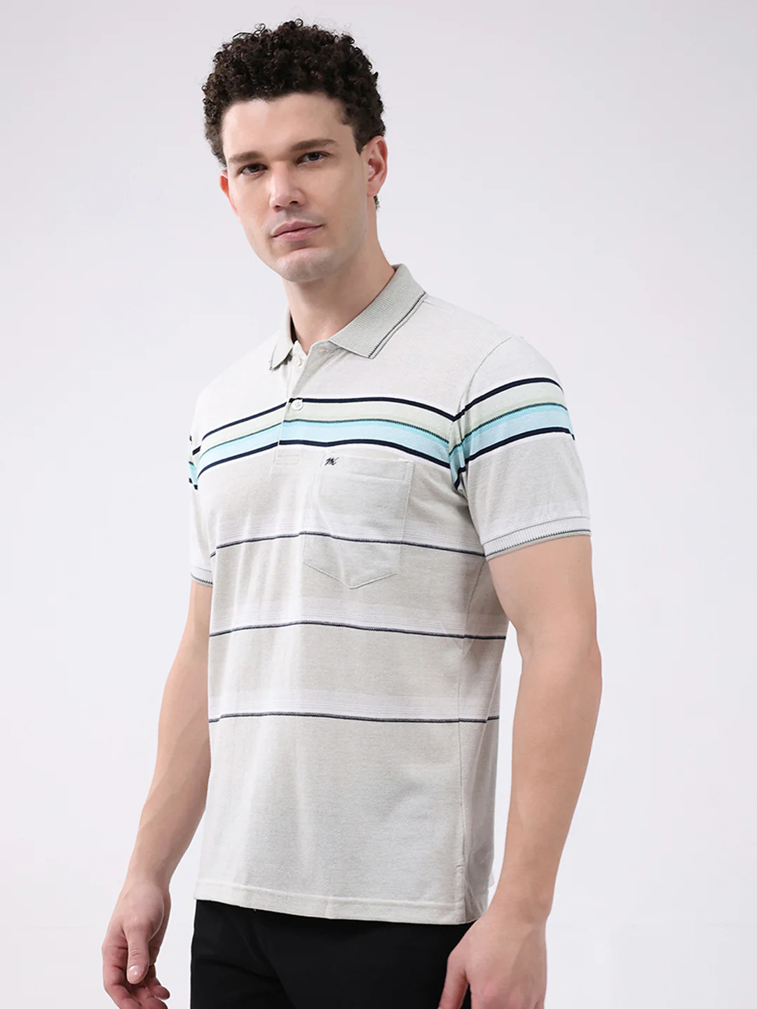 Men Off White Stripe Collar Half Sleeve T-Shirt - Image 3