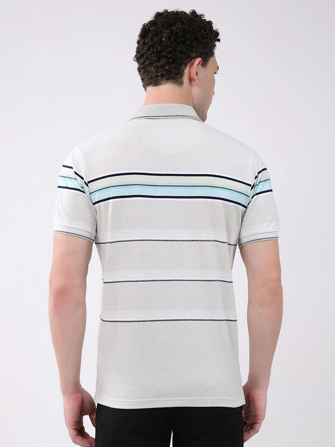 Men Off White Stripe Collar Half Sleeve T-Shirt - Image 5
