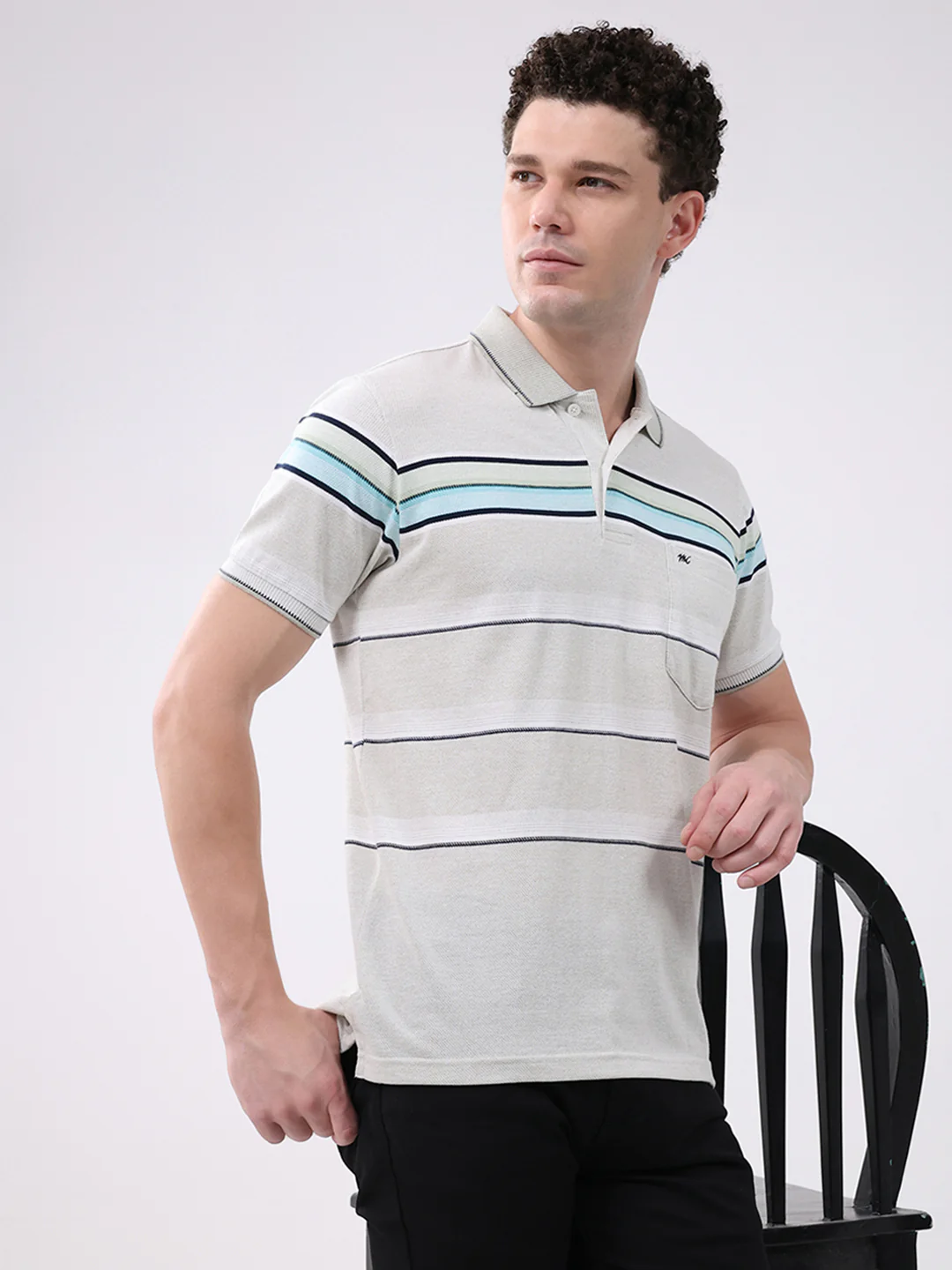 Men Off White Stripe Collar Half Sleeve T-Shirt - Image 6
