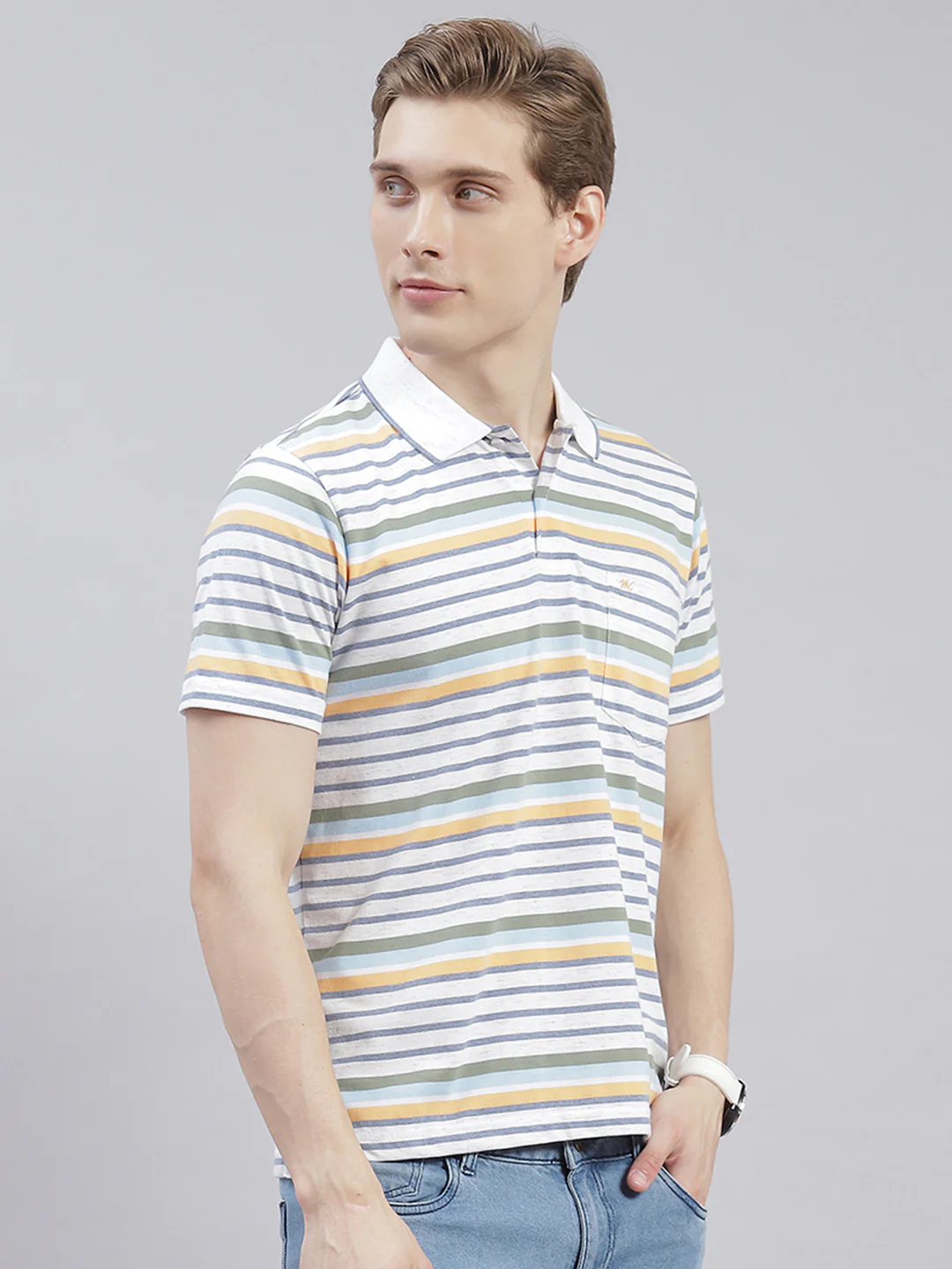 Men Off White Stripe Collar Half Sleeve T-Shirts - Image 4