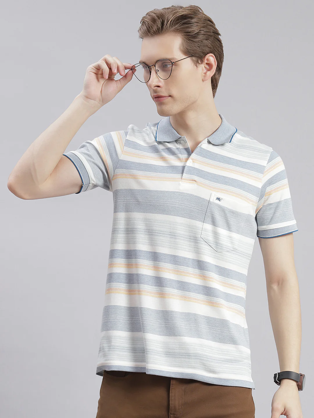 Men Off White Stripe Collar Half Sleeve T-Shirts - Image 2