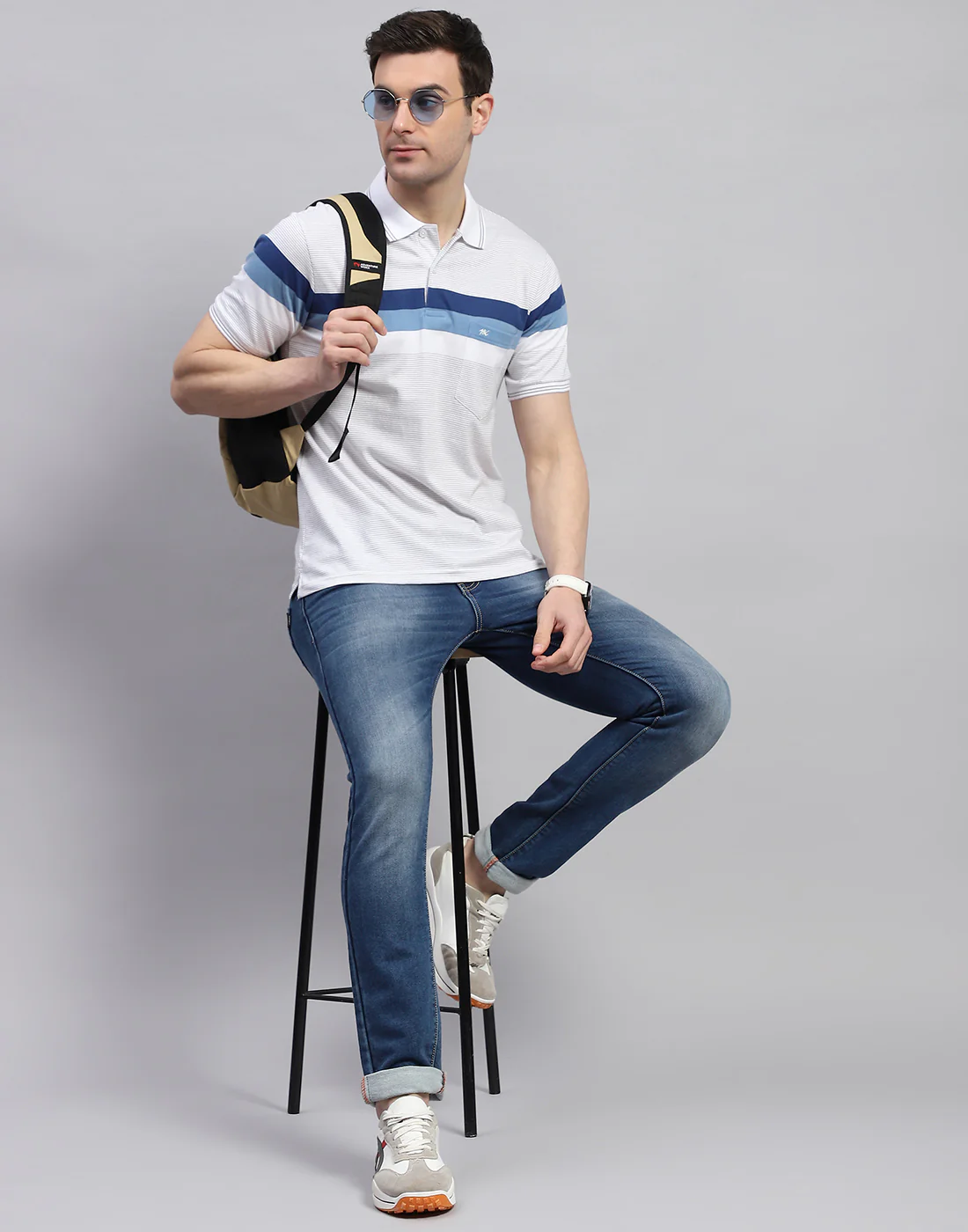 Men Off White Stripe Polo Collar Half Sleeve T-Shirt - Image 2
