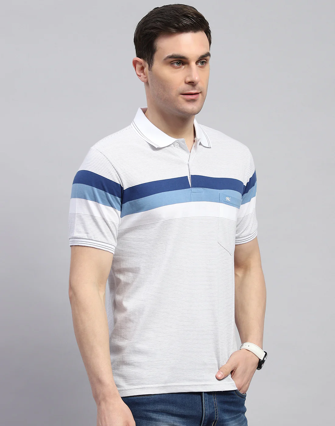 Men Off White Stripe Polo Collar Half Sleeve T-Shirt - Image 4