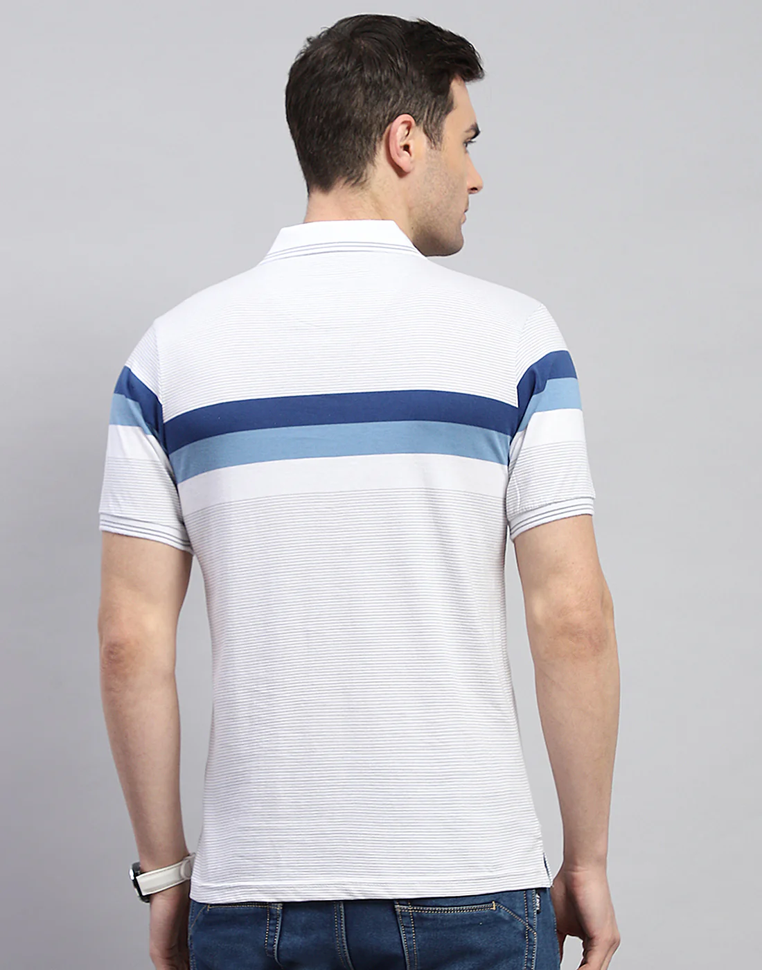 Men Off White Stripe Polo Collar Half Sleeve T-Shirt - Image 5