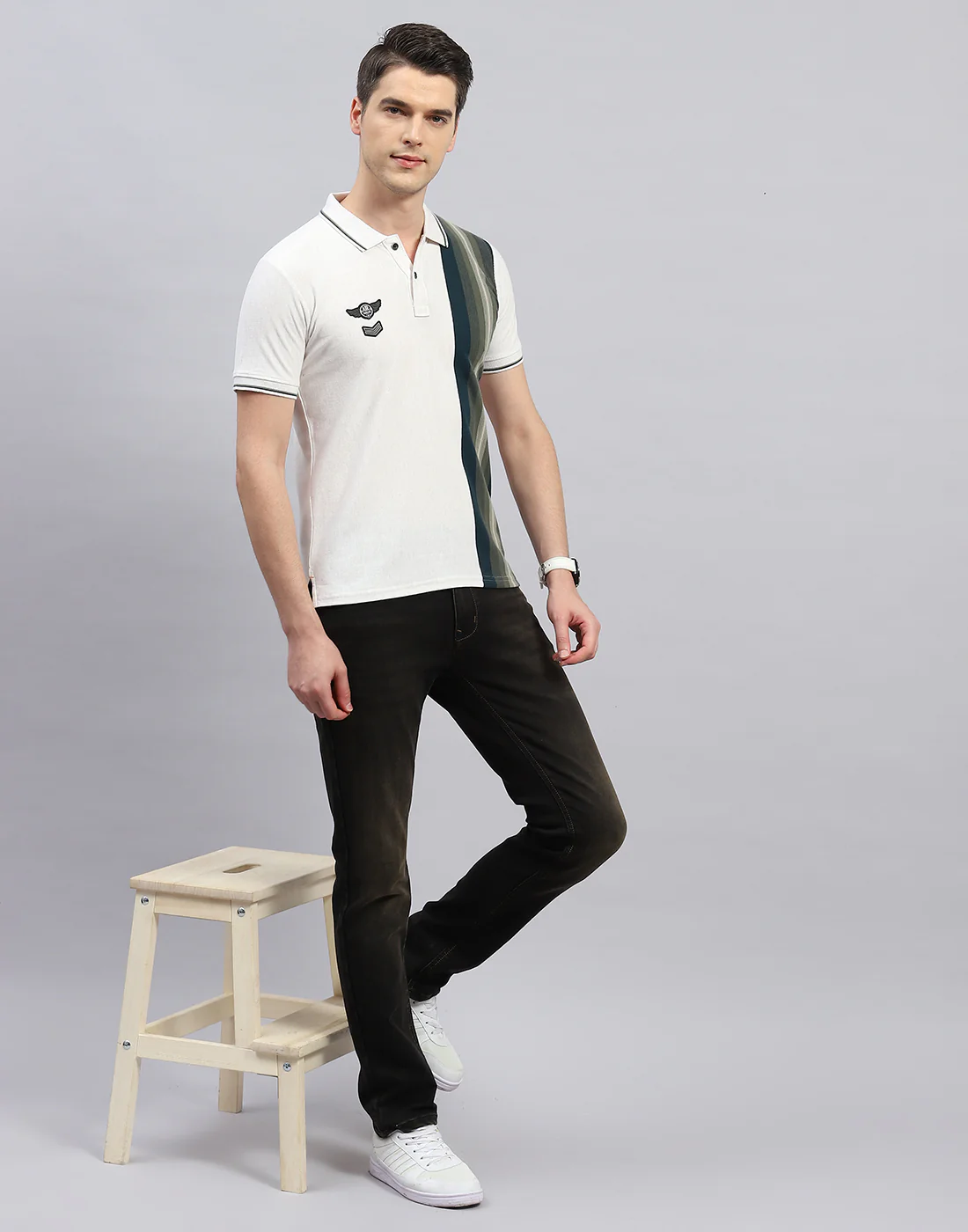 Men Off White Stripe Polo Collar Half Sleeve T-Shirt - Image 2