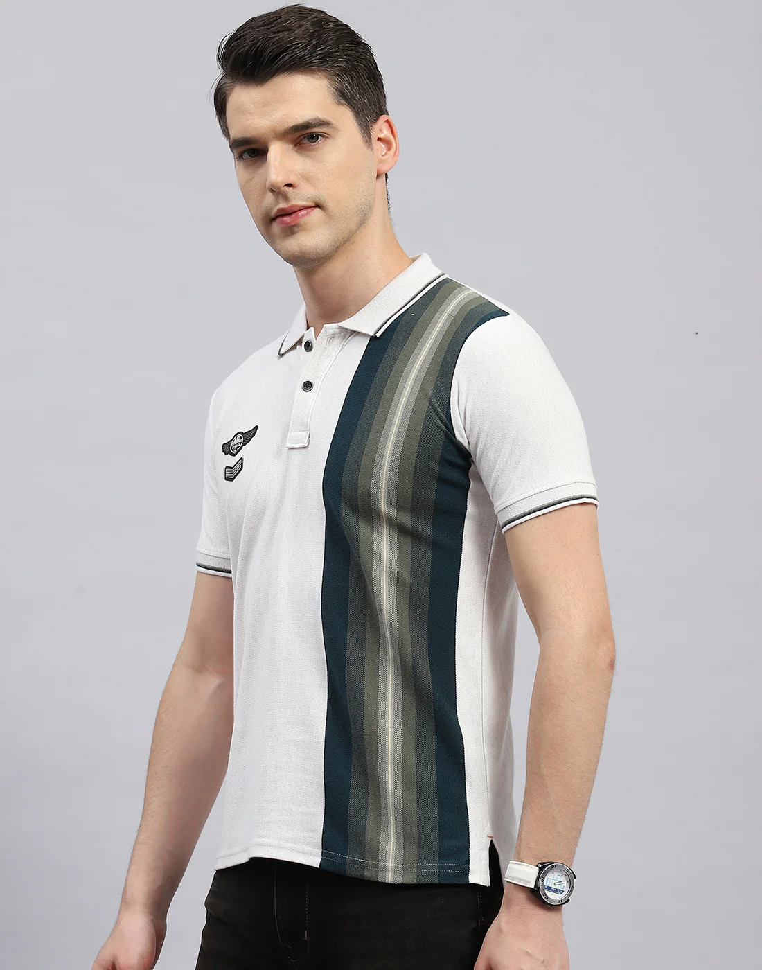 Men Off White Stripe Polo Collar Half Sleeve T-Shirt - Image 3