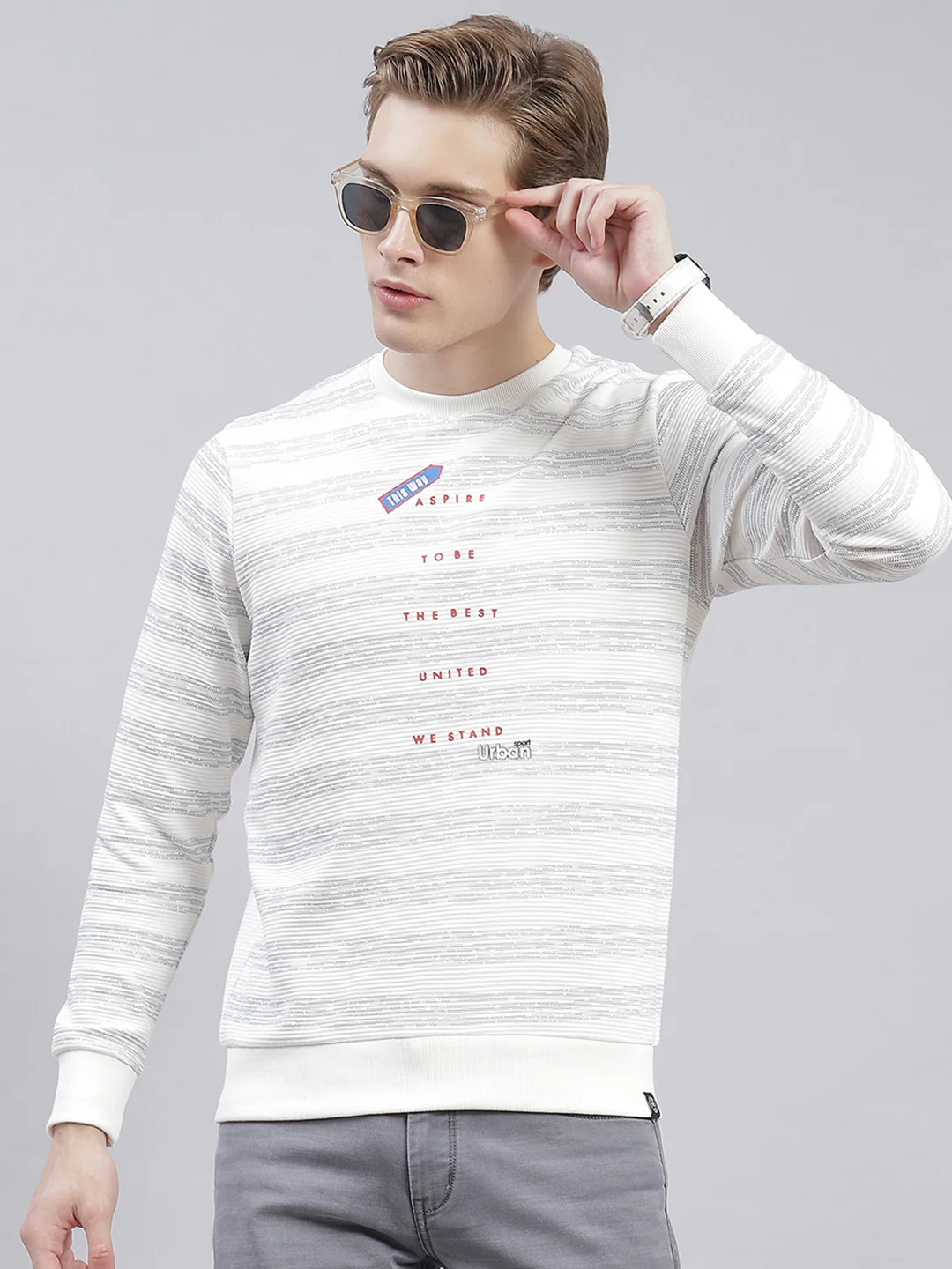 Men Off White Stripe Round Neck Full Sleeve Sweatshirts - Image 2
