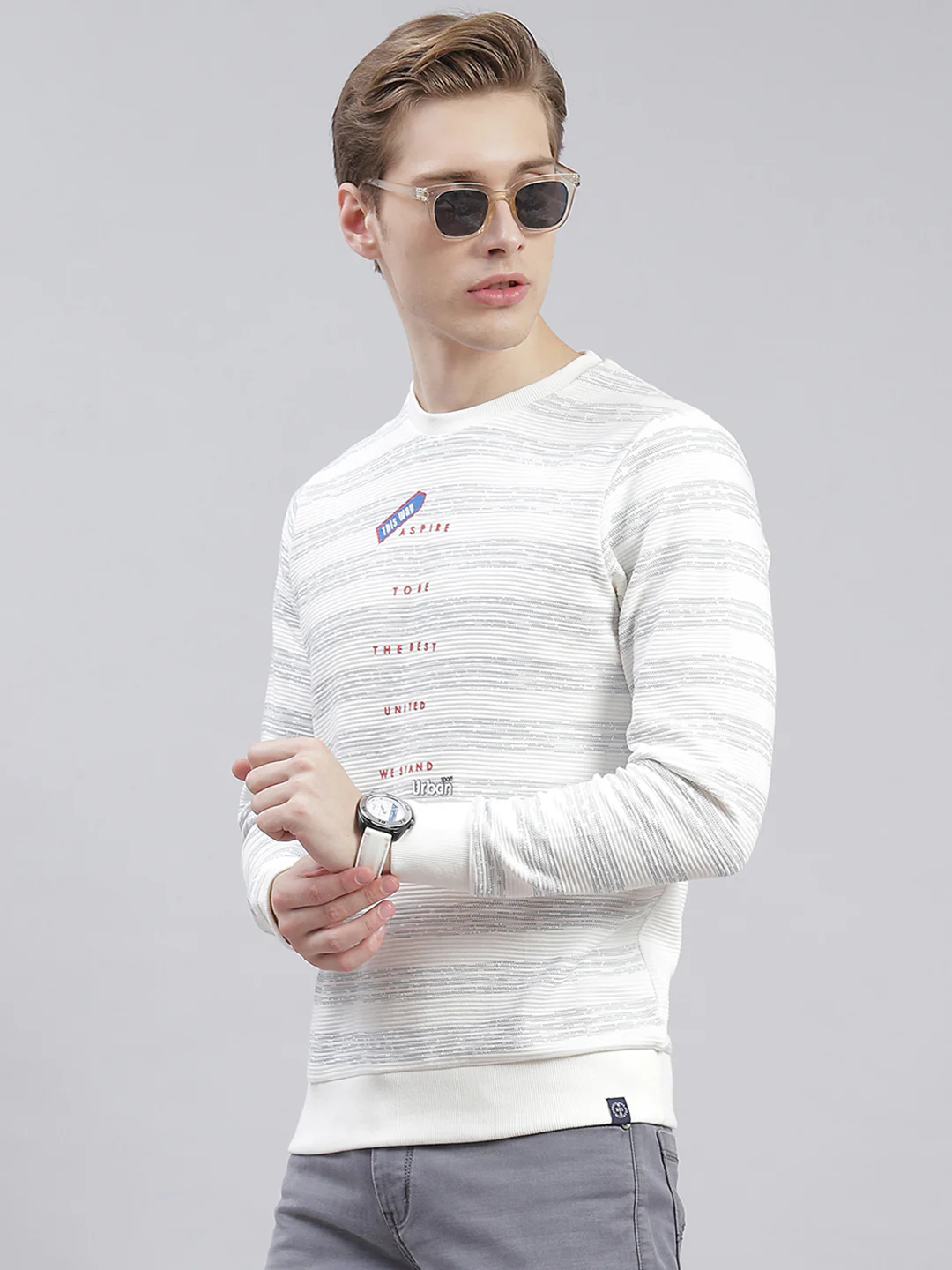 Men Off White Stripe Round Neck Full Sleeve Sweatshirts - Image 3