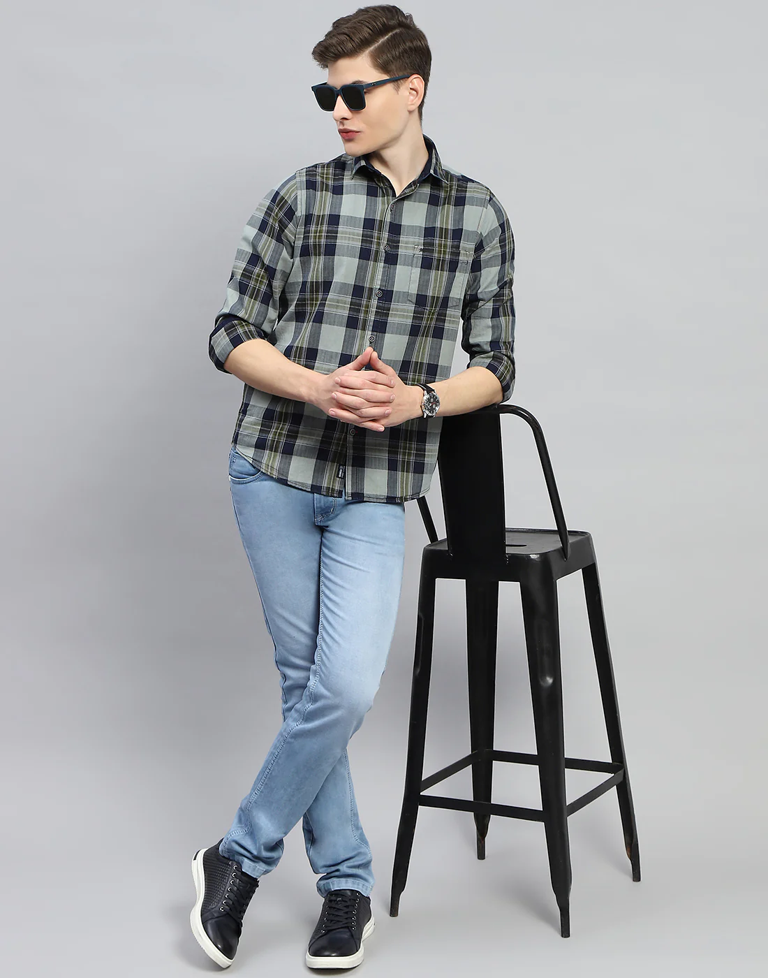 Men Olive Check Collar Full Sleeve Shirt - Image 2
