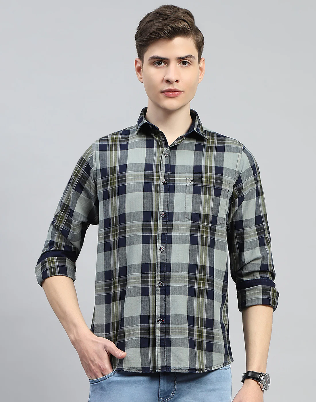 Men Olive Check Collar Full Sleeve Shirt - Image 3