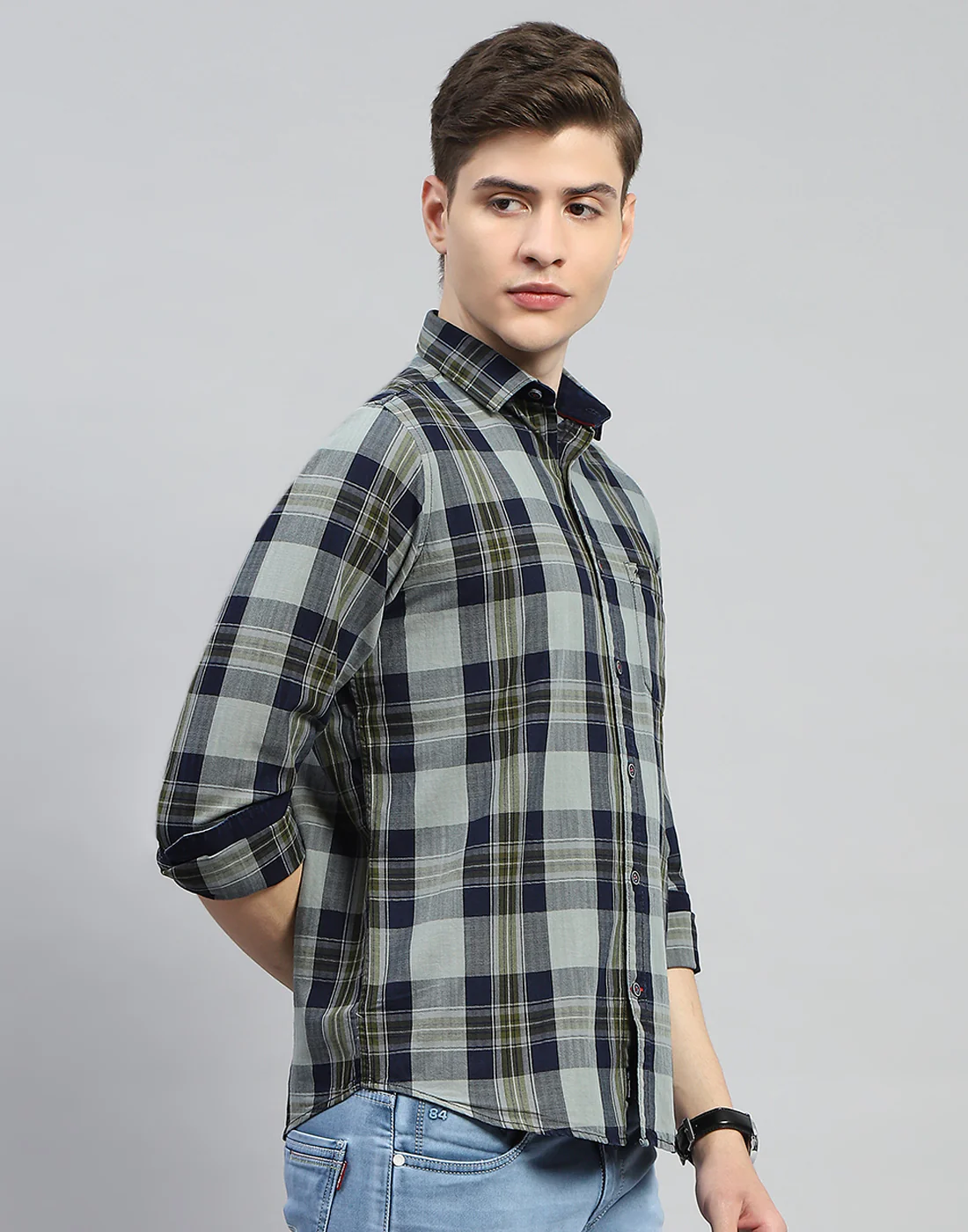 Men Olive Check Collar Full Sleeve Shirt - Image 4