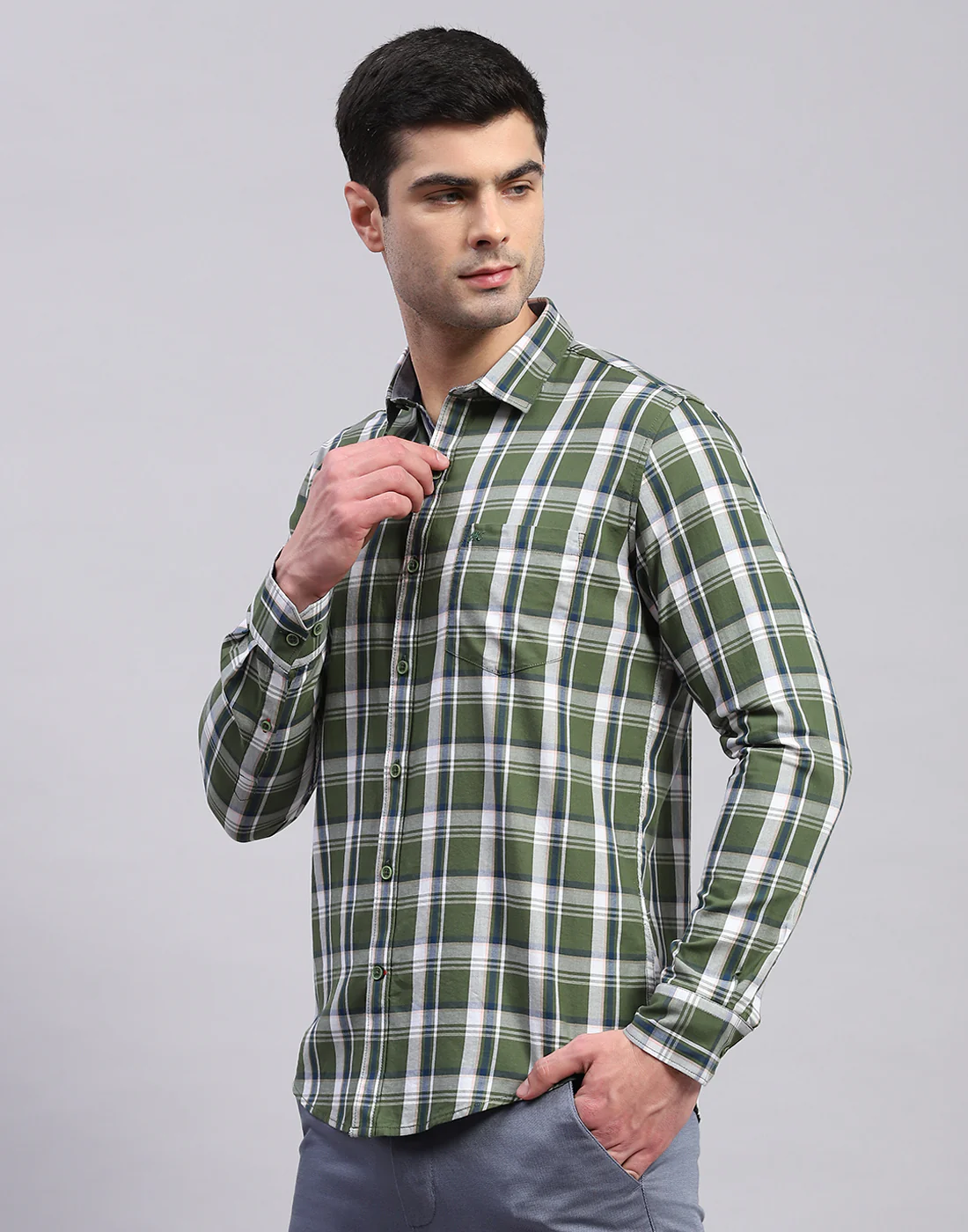 Men Olive Check Collar Full Sleeve Shirt - Image 3