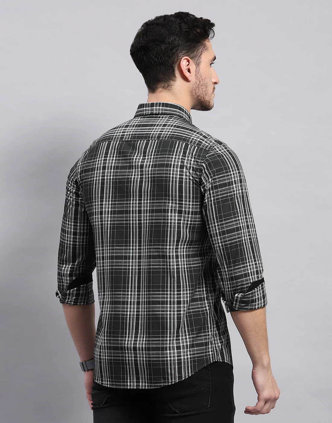 Men Olive Check Collar Full Sleeve Shirt - Image 5