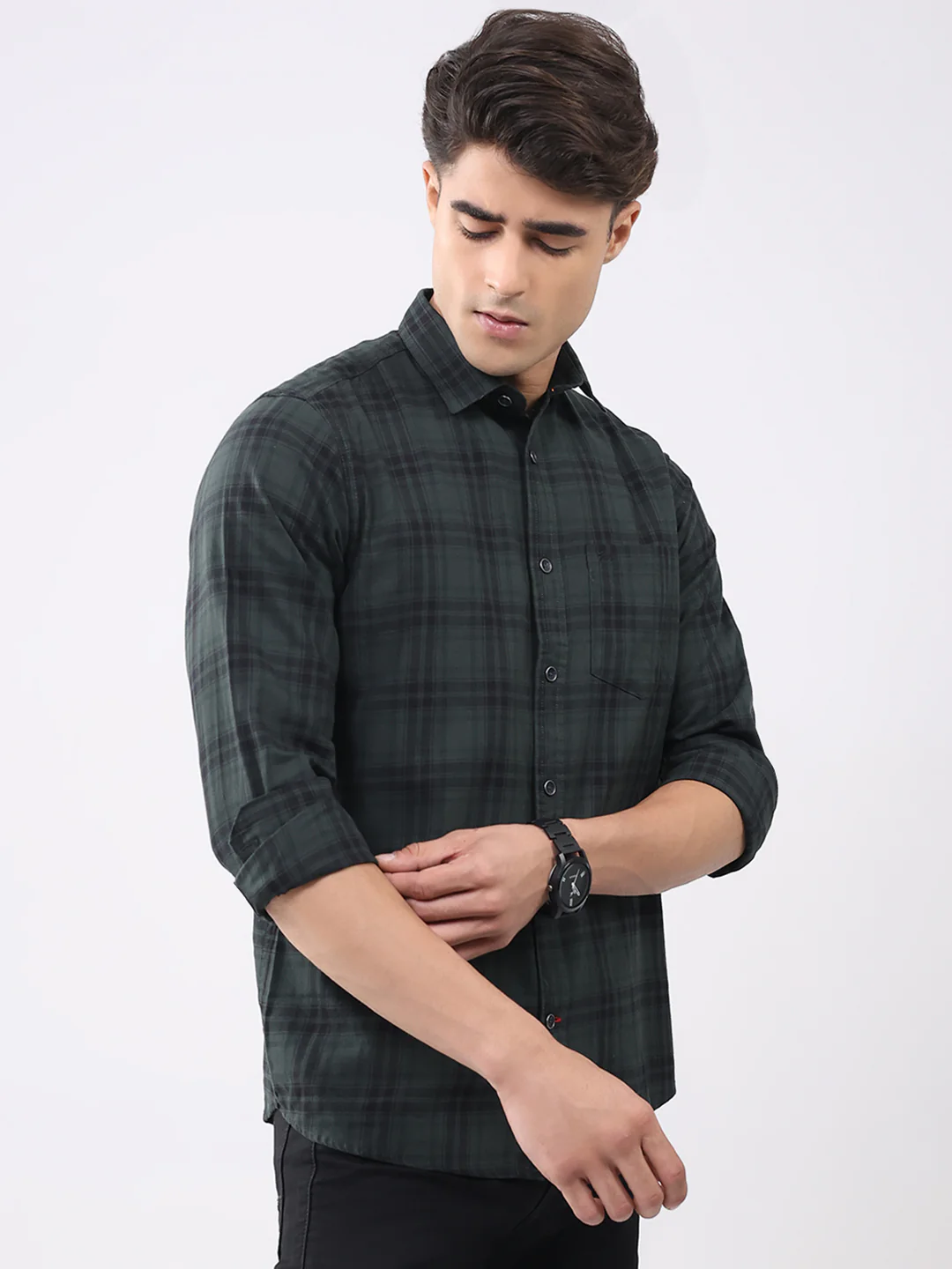 Men Olive Check Collar Full Sleeve Shirt - Image 4