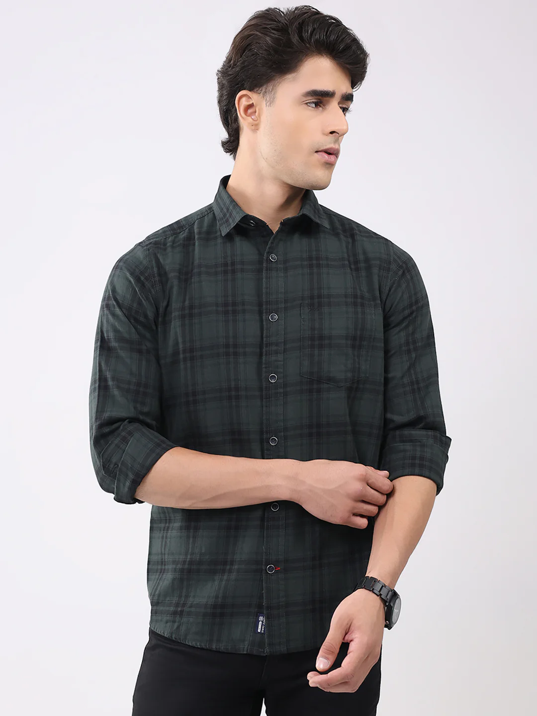 Men Olive Check Collar Full Sleeve Shirt - Image 6