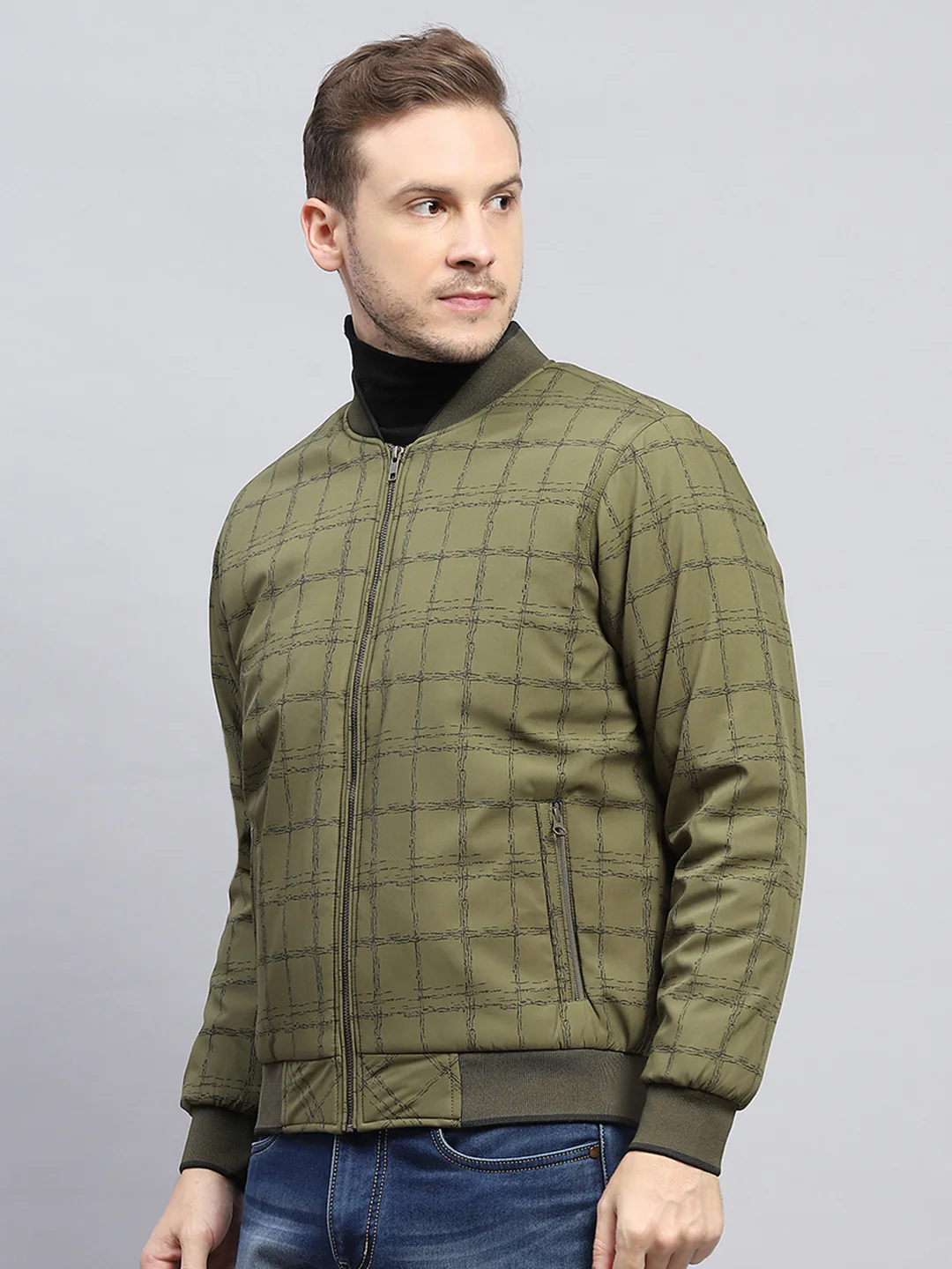 Men Olive Check Mock Neck Full Sleeve Jacket - Image 3