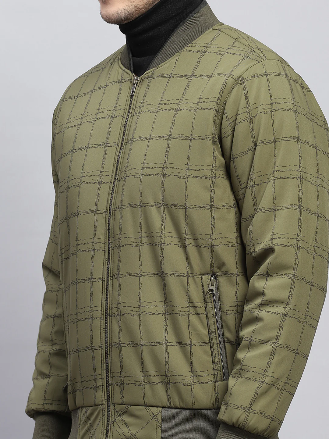 Men Olive Check Mock Neck Full Sleeve Jacket - Image 7